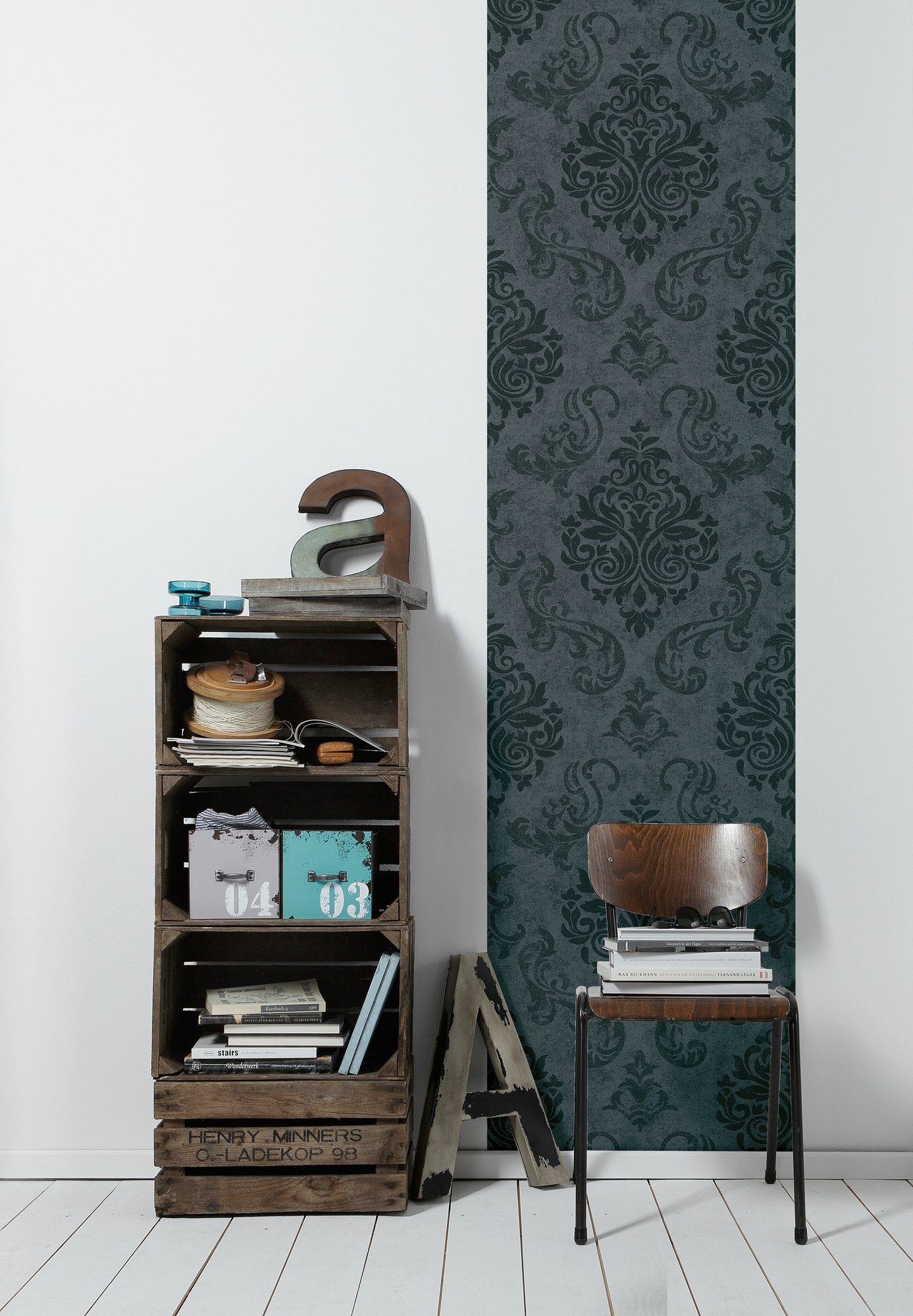 living walls Vinyltapete Pop Up Panel 3D, aufgeschäumt, Barock, Panel Ornament Barock Tapete Selbstklebend 2,50m x 0,52m Schwarz Grau