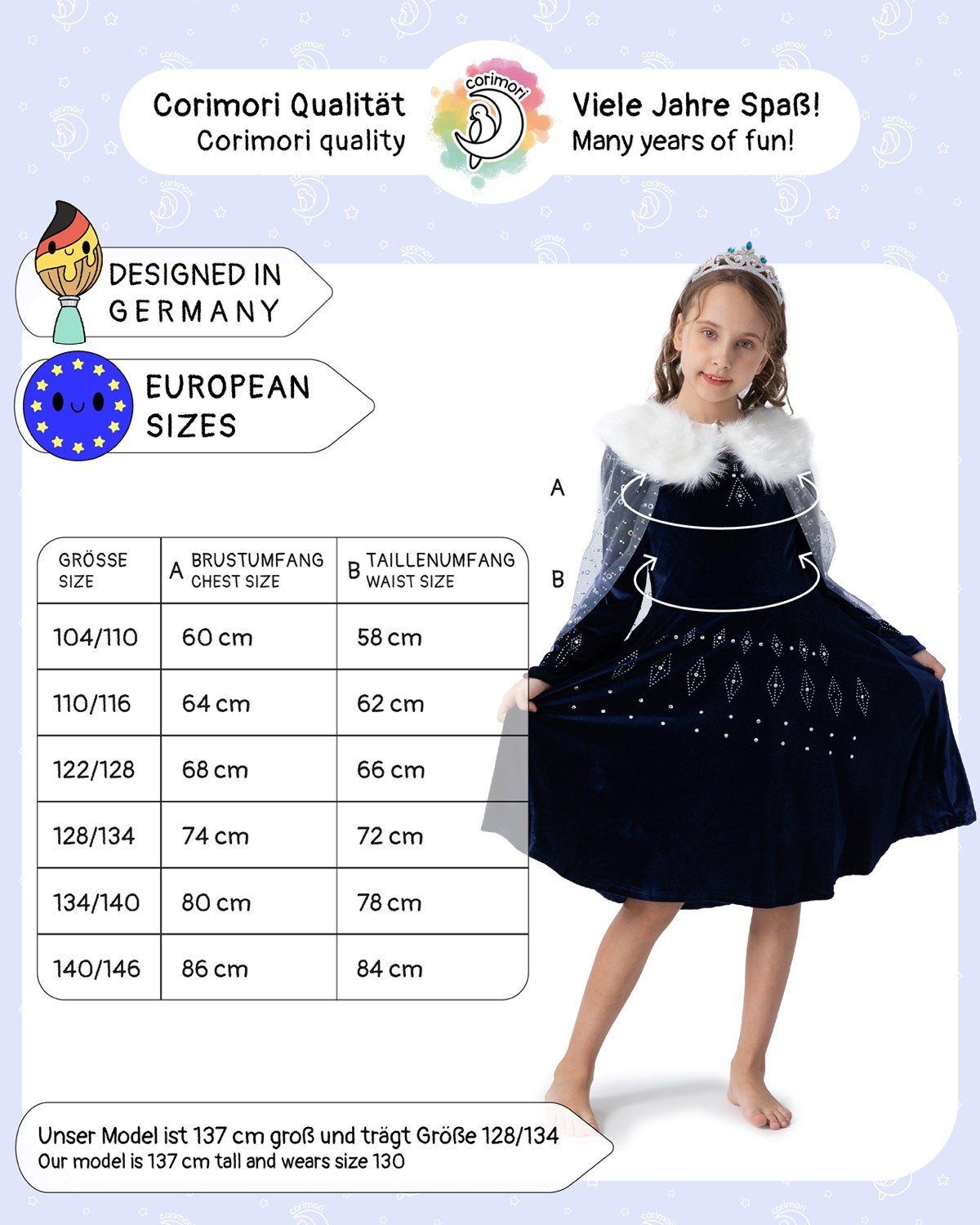 Corimori Prinzessin-Kostüm Elastisches Stella Eiskönigin Kostüm Kleid, mit Tattoos & Diadem, Prinzessinenkleid für Fasching, dunkel-blau