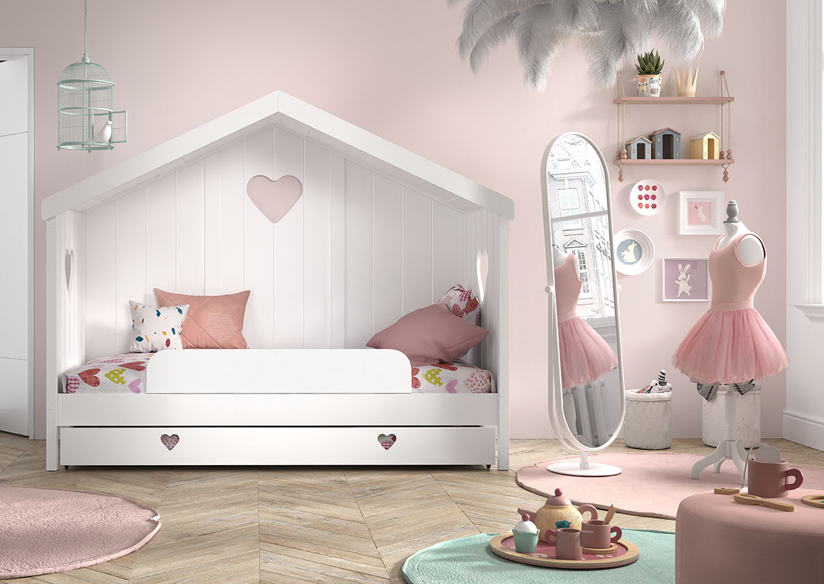 VIPACK Hausbett Amori mit Rückwand, Liegefläche 90 x 200 cm, inkl. Rolllattenrost, Absturzschutz und Bettschublade, Ausf. Kiefer und MDF weiß lackiert