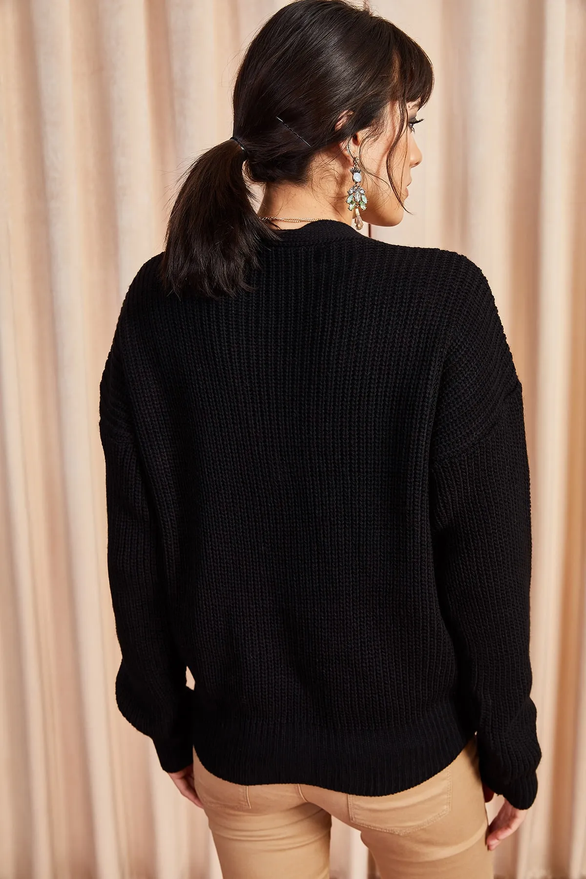 Olalook  Schwarze Strickjacke mit Knöpfen für Damen HRK-19000046