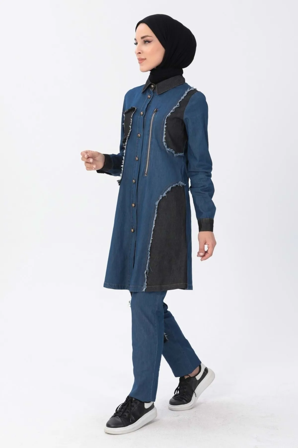 Modamihram  Reißverschluss Detaillierte Hijab-Denim-Kombination Dark Denim 10074