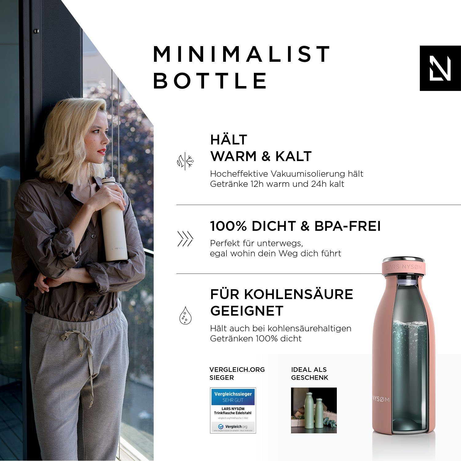 LARS NYSØM Isolierflasche Ren, BPA-Freie Thermosflasche 350ml 500ml 750ml 1l 1,5l