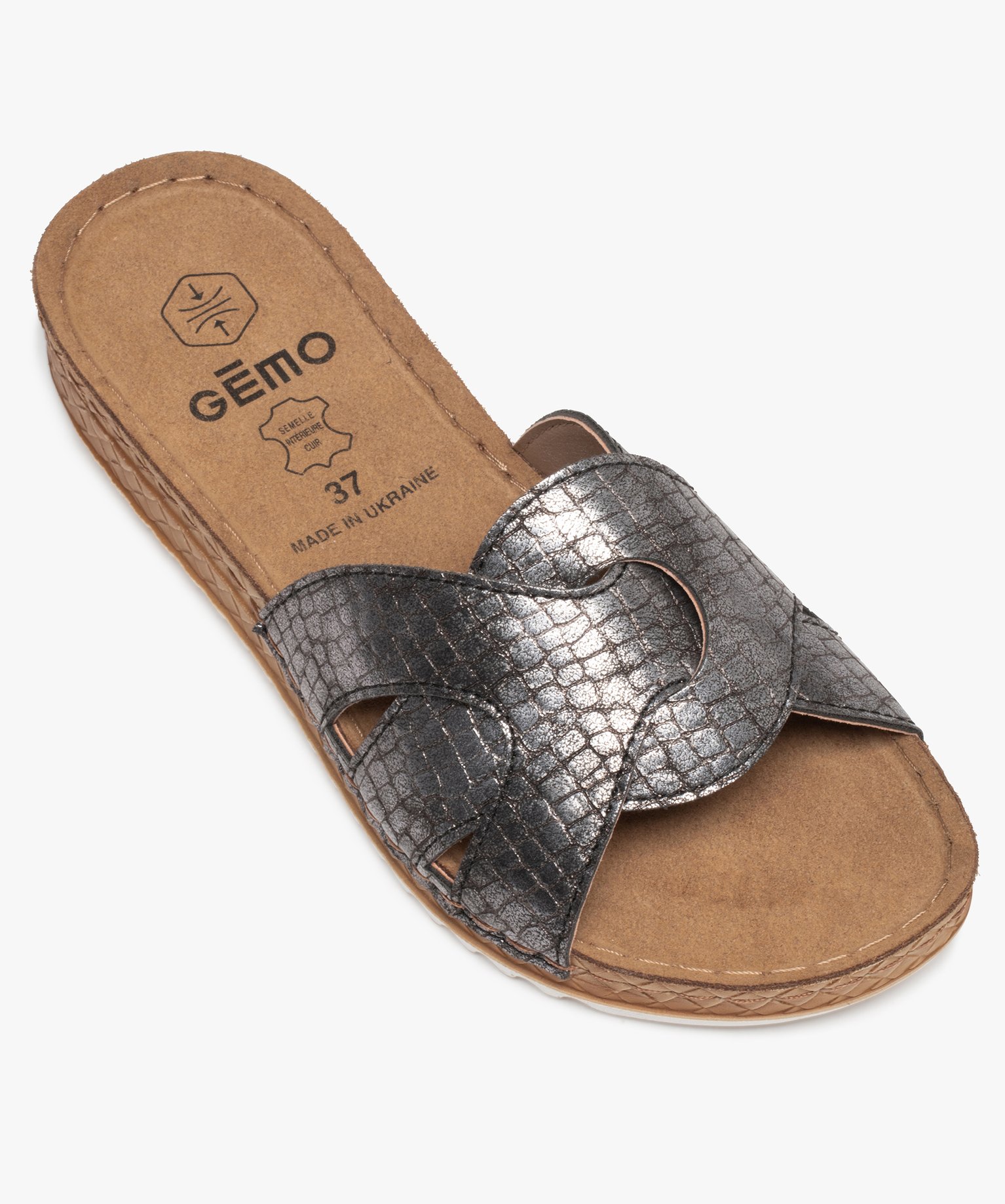 Mules femme à talon plat confort et larges brides metallise | GEMO