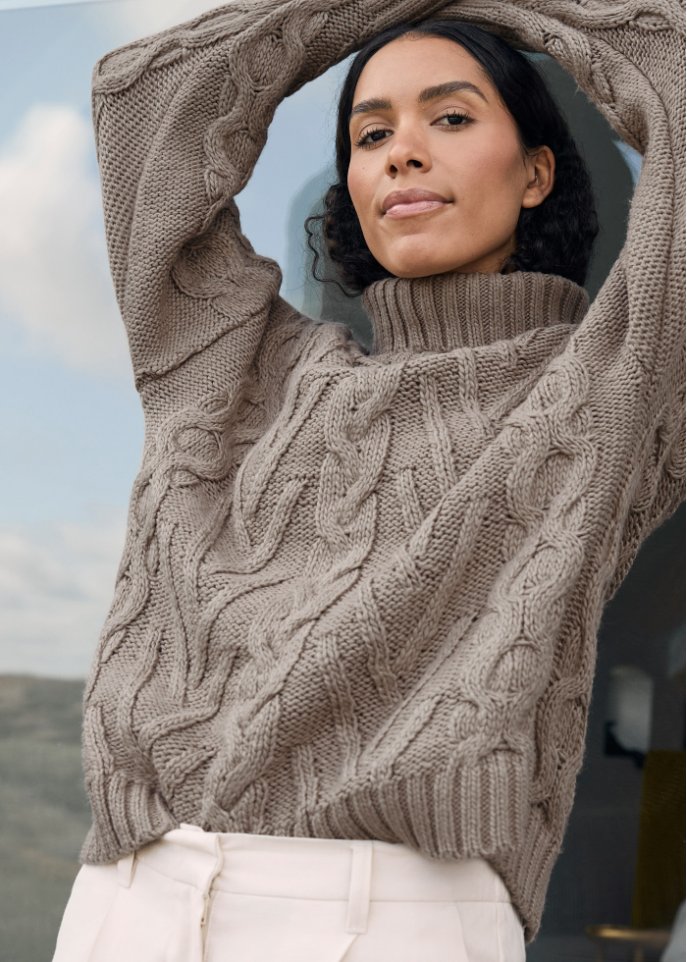 Rollkragen-Pullover mit Zopfmuster