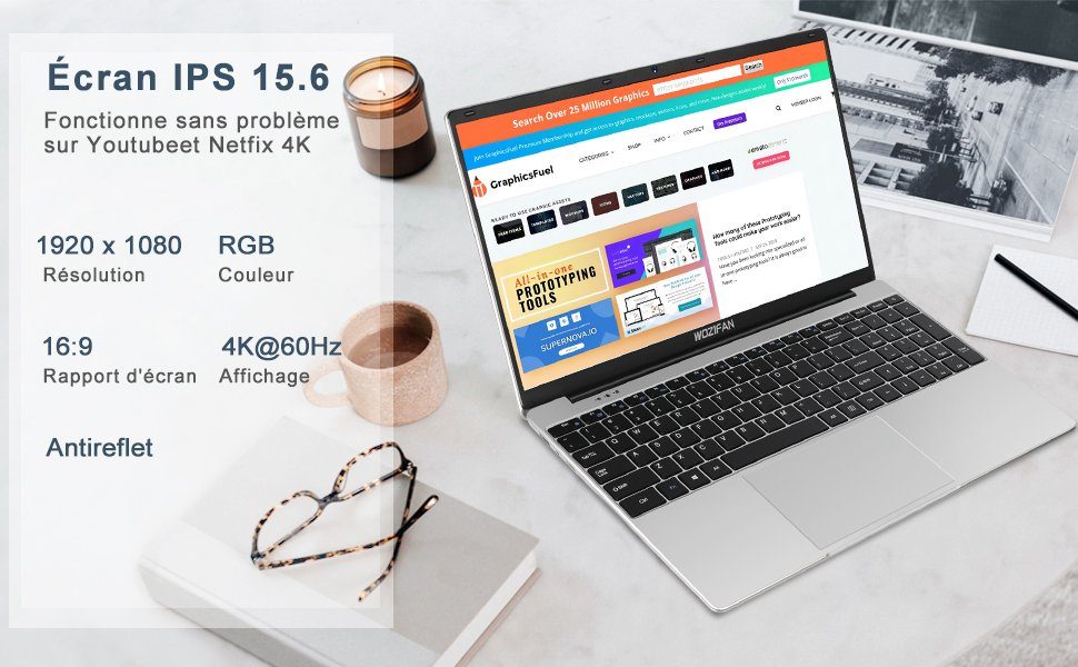 WOZIFAN Notebook (Intel Celeron J4105, 128 GB SSD, FHD Display 6 GB RAM lange Akkulaufzeit für ultimative Produktivität)