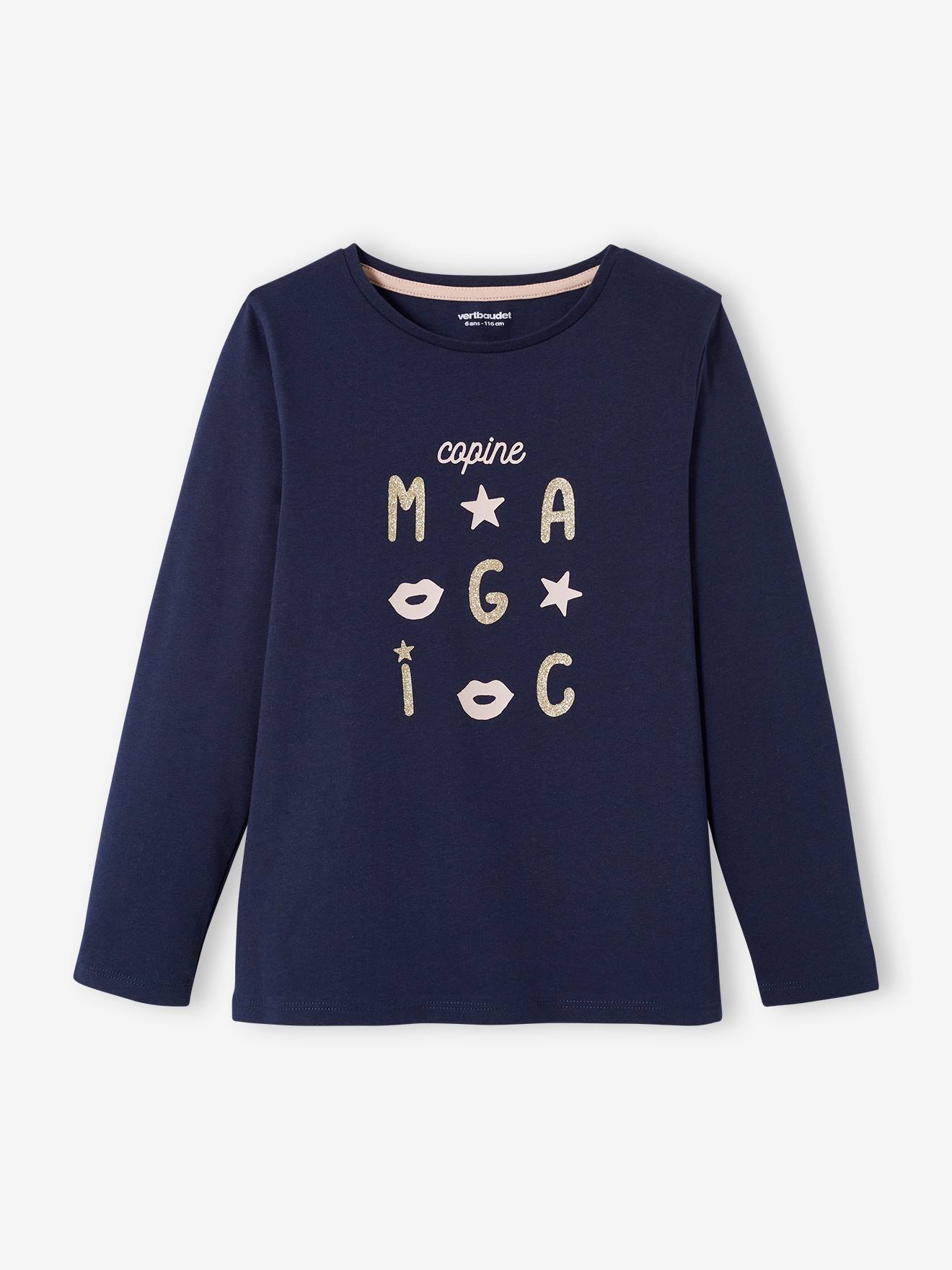 T-shirt Basics message irisé fille manches longues rose poudré