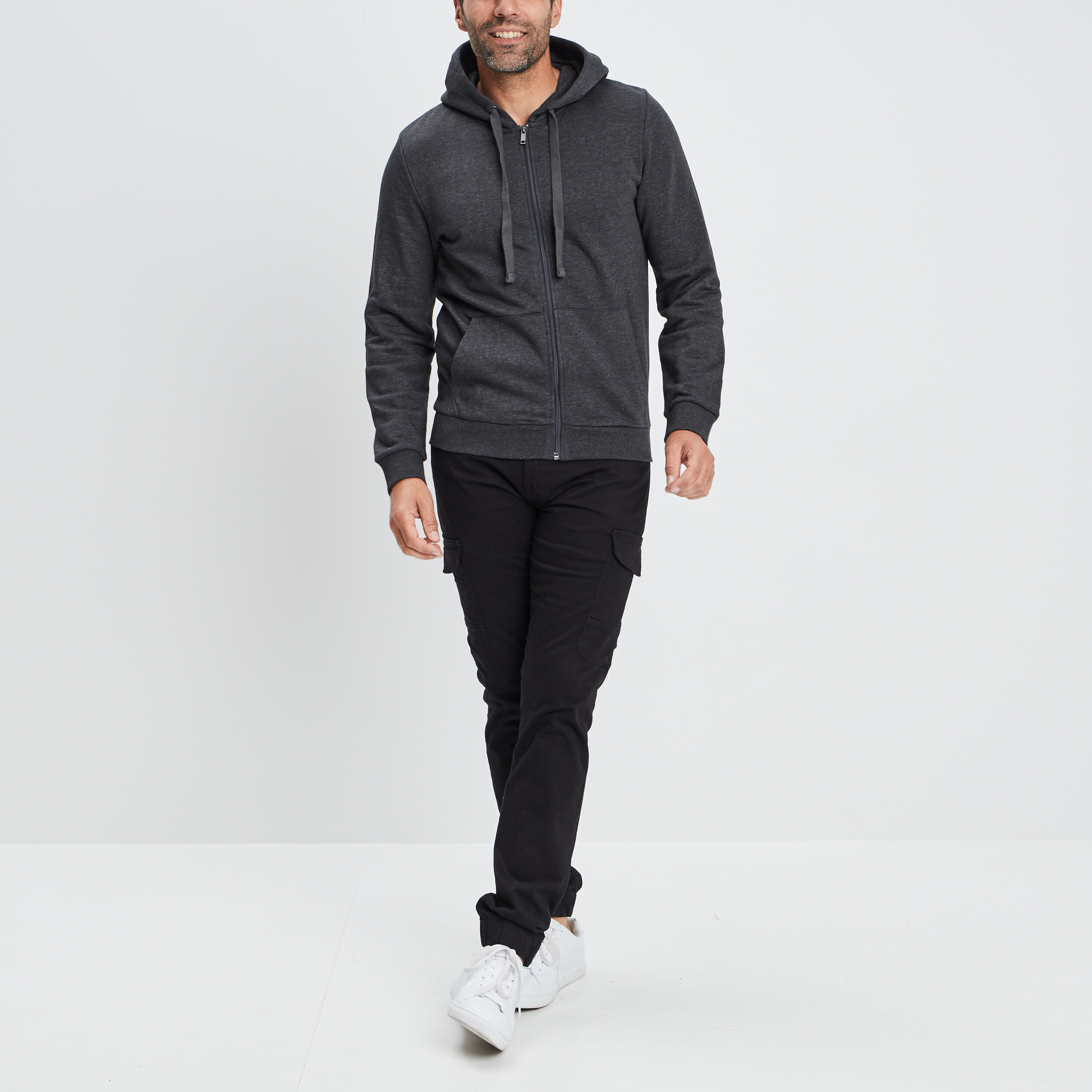 Sweat zippé molleton à capuche gris foncé homme | La Halle