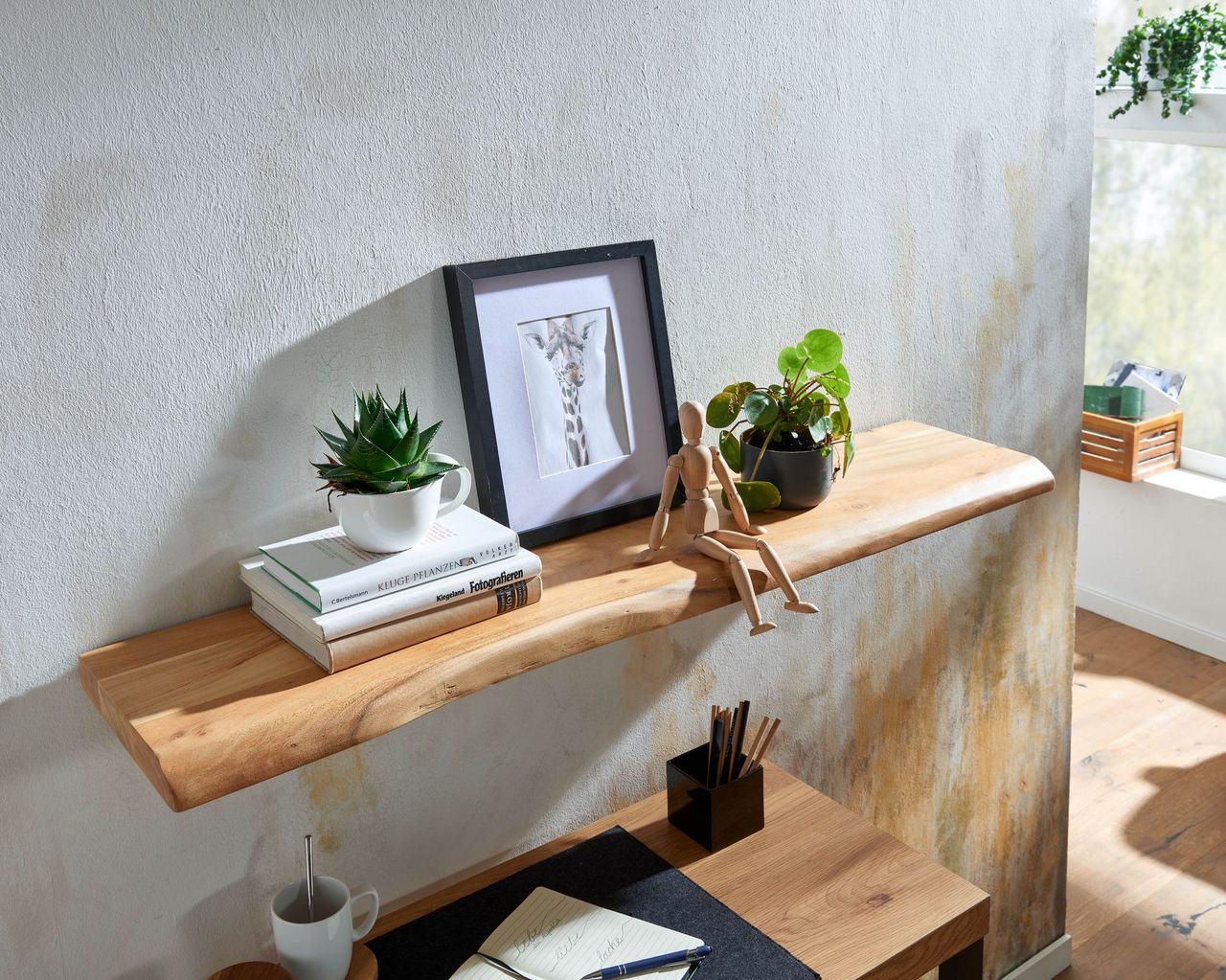 Skyport WOHNLING Wandregal Baumkante Akazie Holz Design Schweberegal 120 cm Regal Massiv