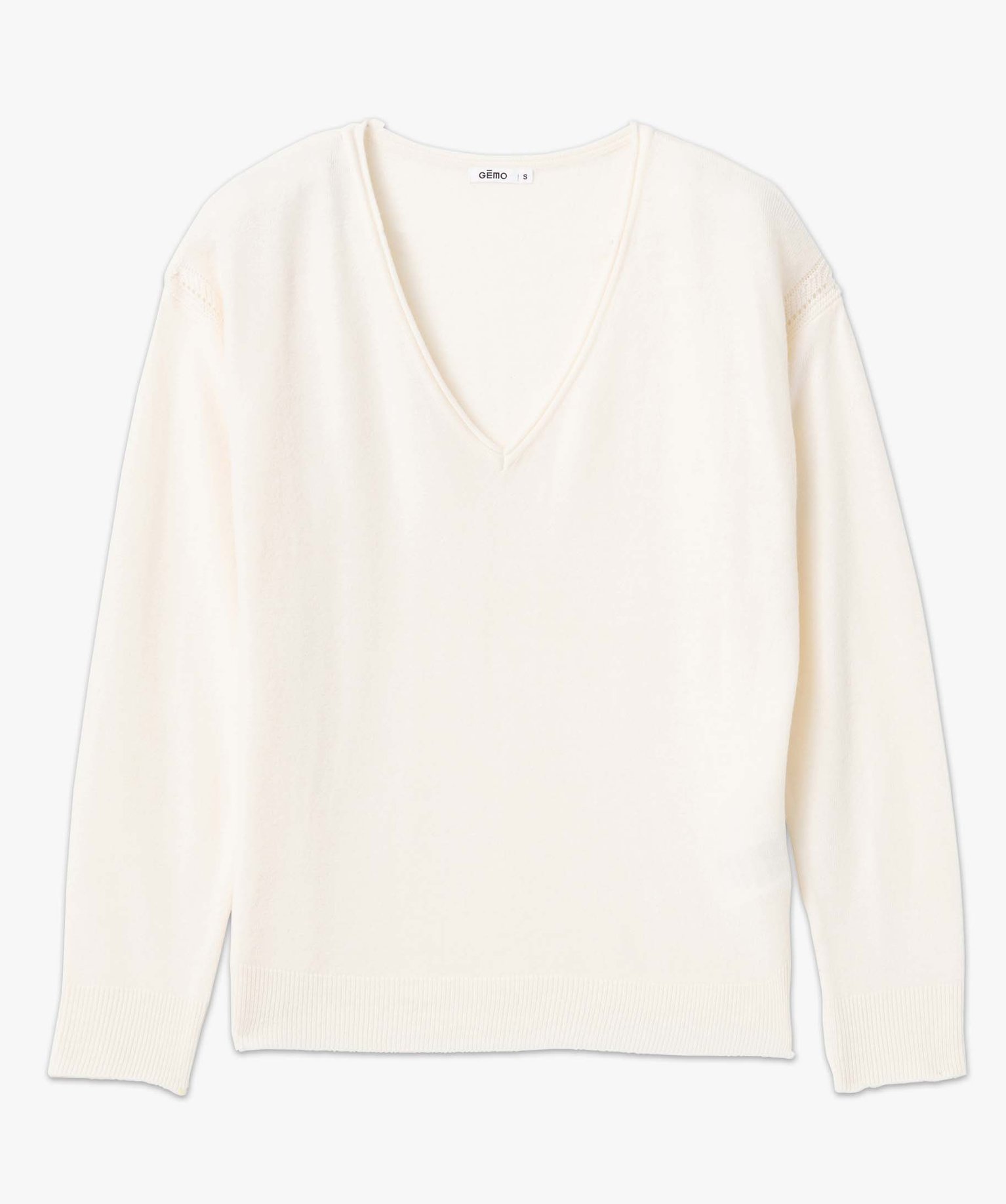 Pull femme en maille fine avec large col V ecru | GEMO