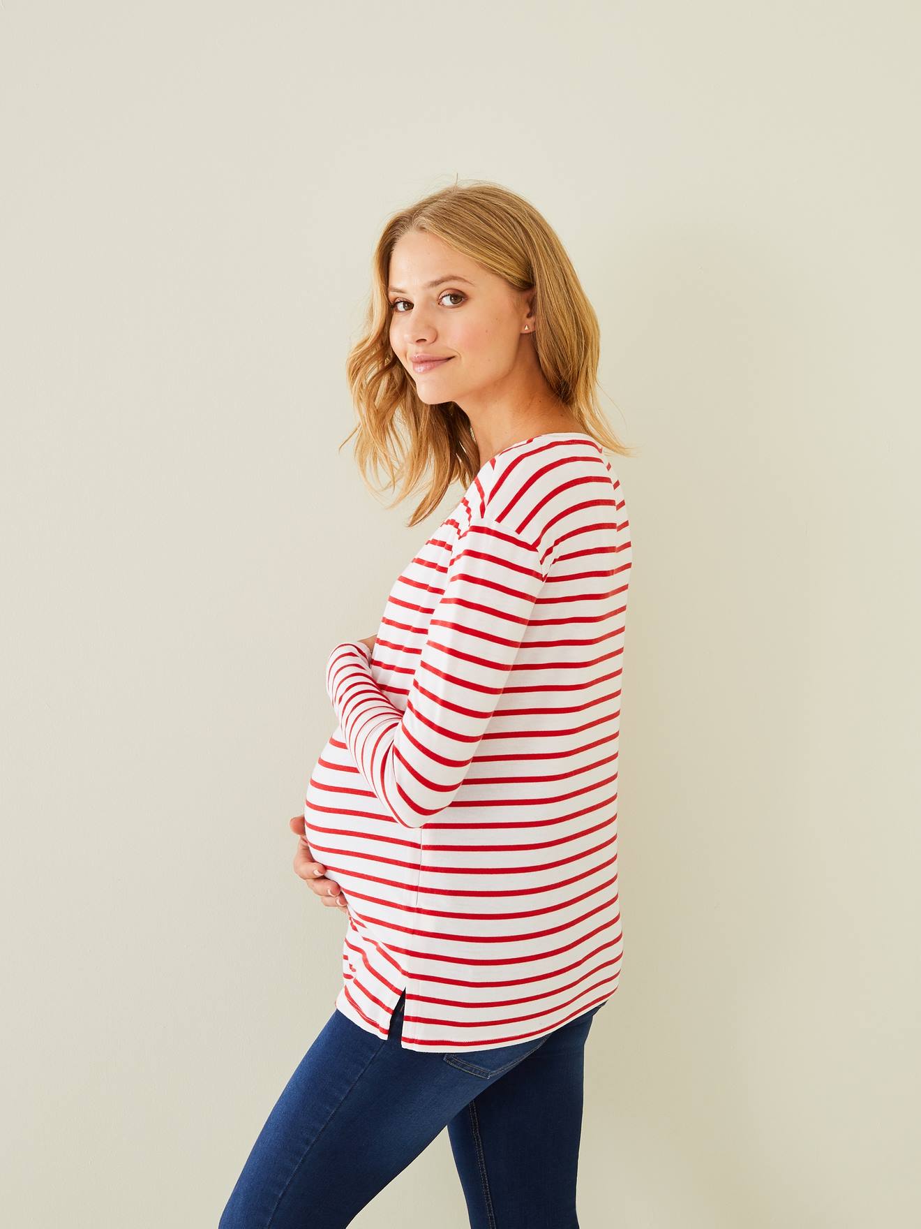 T-shirt marinière de grossesse et d'allaitement blanc clair rayé marine