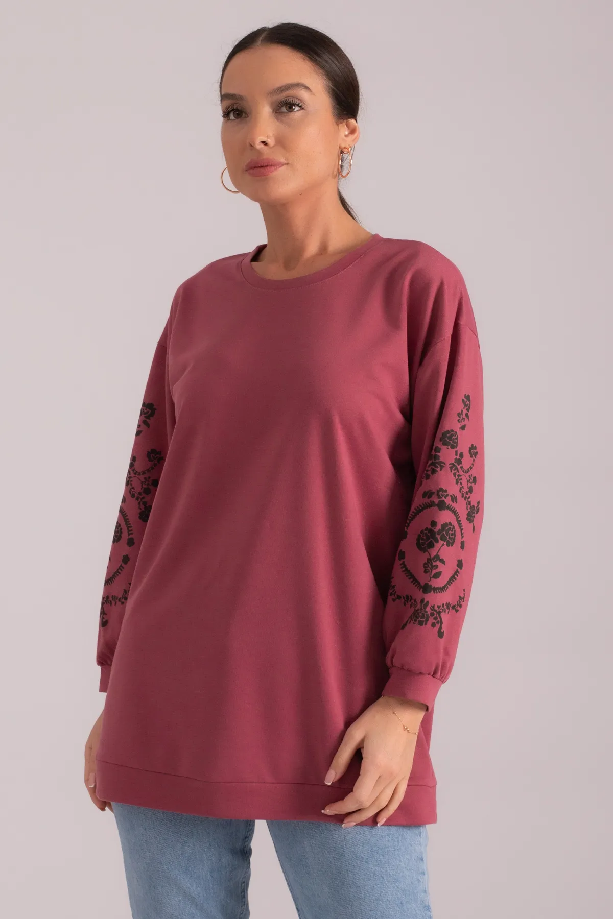 armonika  Damen-Tunika Dusty Rose mit rundem Ausschnitt und Ärmeln und Prägung ARM-21K024033