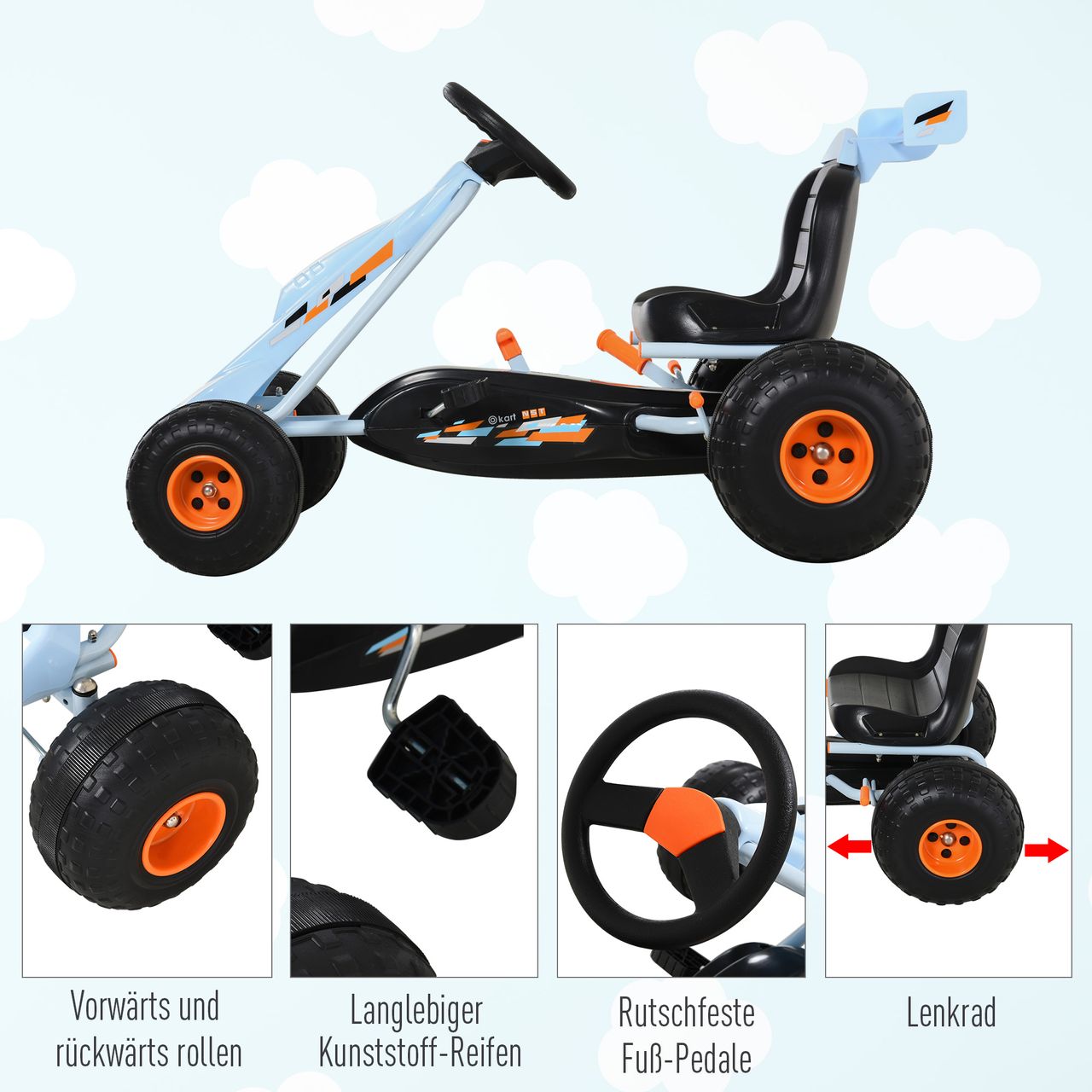 HOMCOM Go Kart Kinderfahrzeug Tretauto mit Pedal ab 3 Jahre Stahl Hellblau
