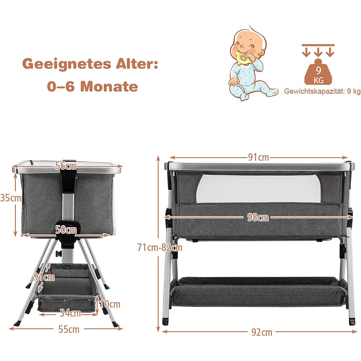 3 in 1 Beistellbett & Reisebett höhenverstellbar mit Matratze