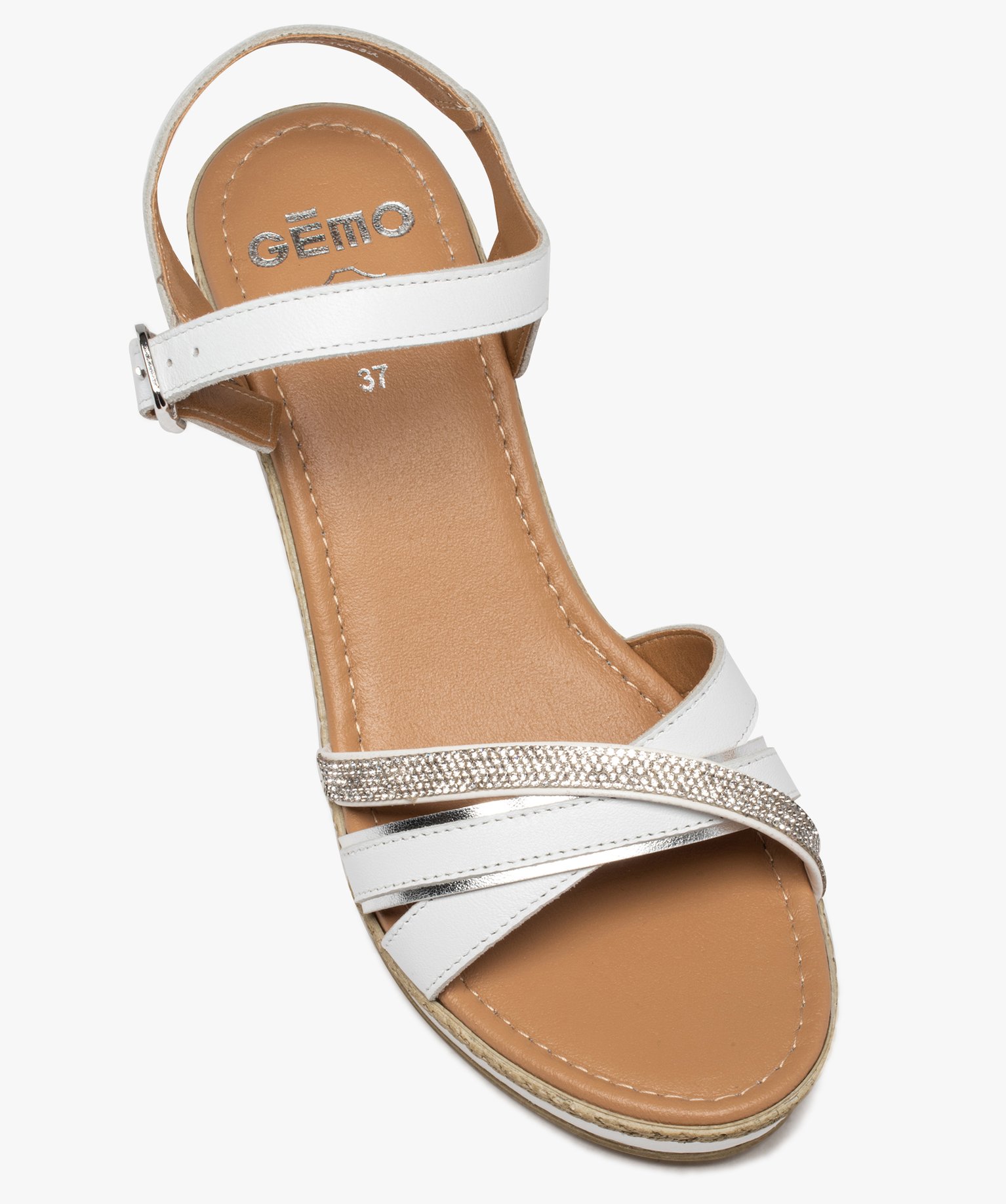 Sandales femme compensées à brides en cuir et strass blanc | GEMO