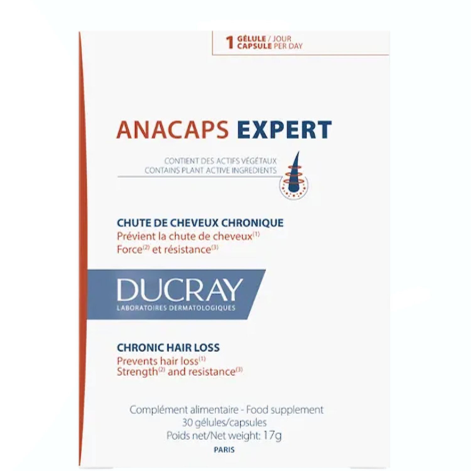 Ducray Anacaps Expert Complément Alimentaire - Chute de Cheveux Chronique 30 Gélules