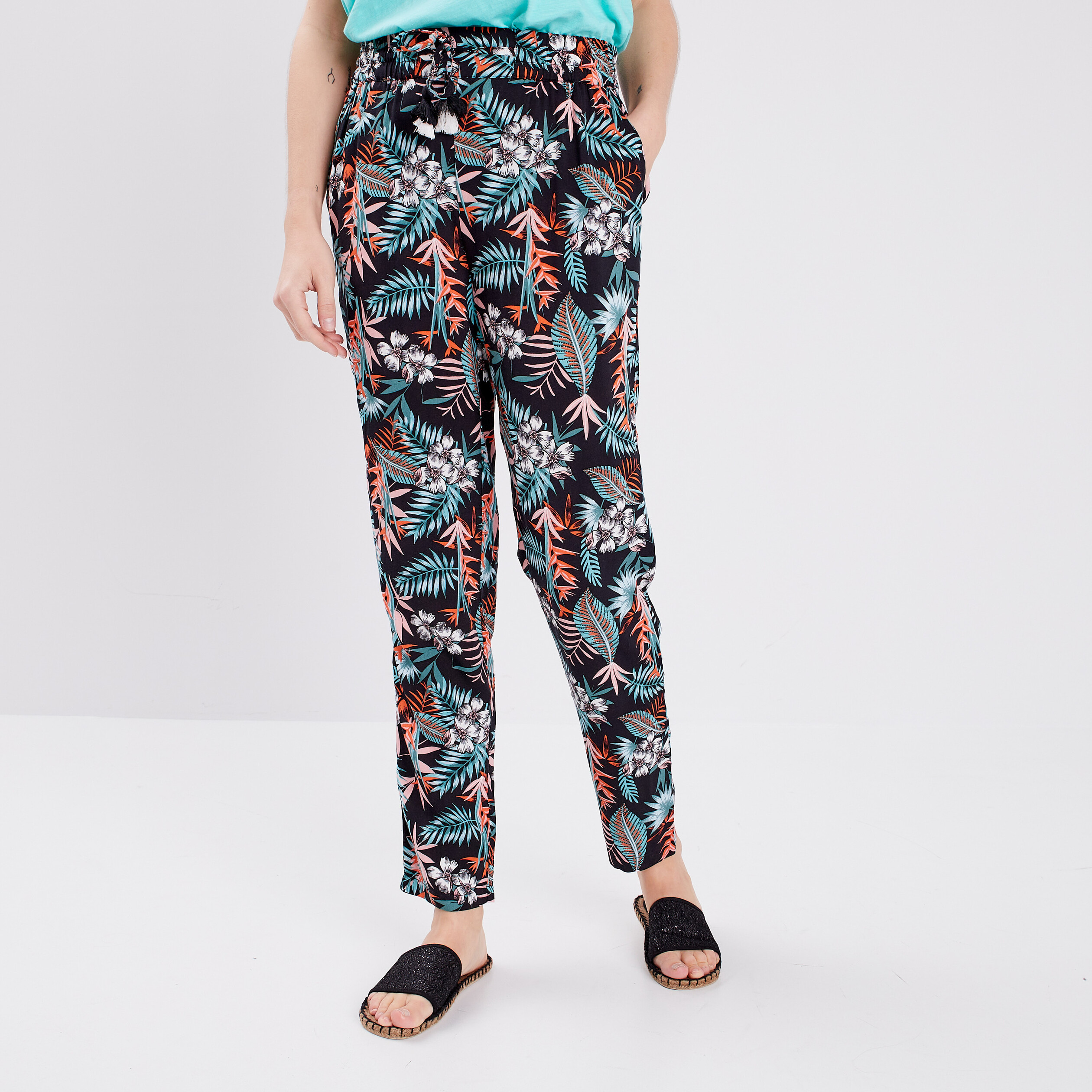 Pantalon droit fluide à pampilles noir femme | La Halle