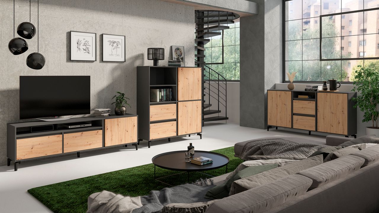 byLiving BLACKWOOD TV-Board, Breite 190 cm, anthrazit, Eiche-Optik