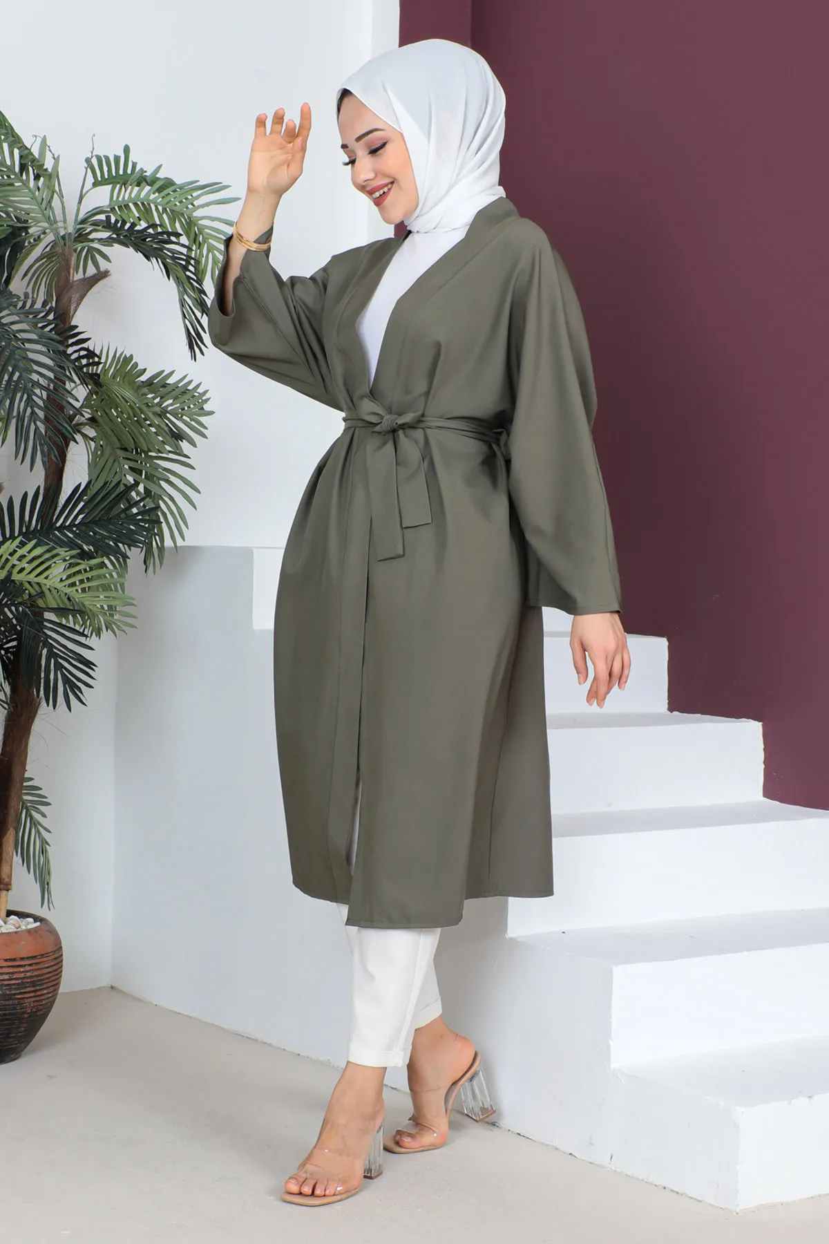 Tesettür Dünyası  Kimono mit Taillengürtel TSD230511 Khaki