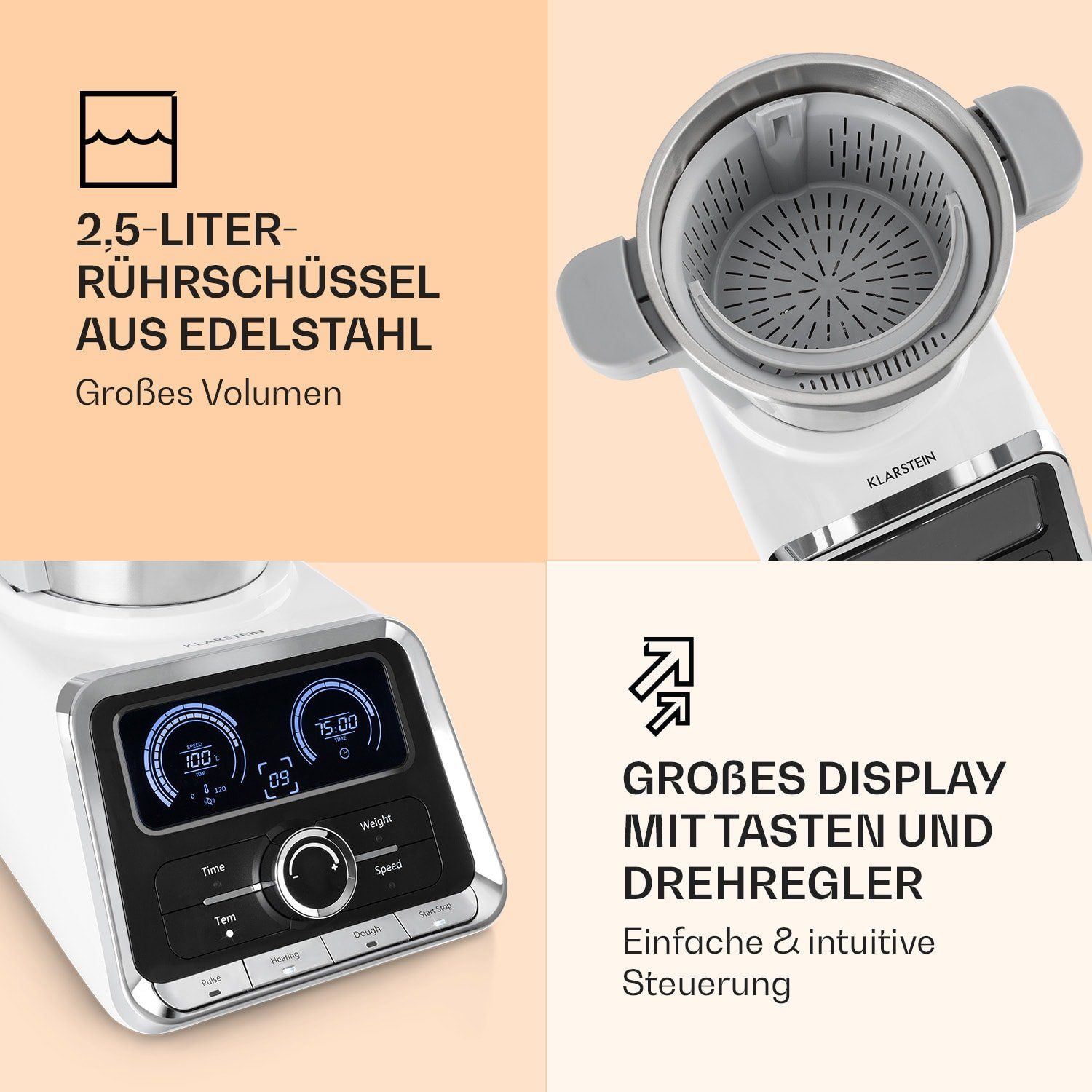 Klarstein Multikocher GrandPrix, 500 W, 2.5 l Schüssel, Standmixer Blender Multifunktionsmixer