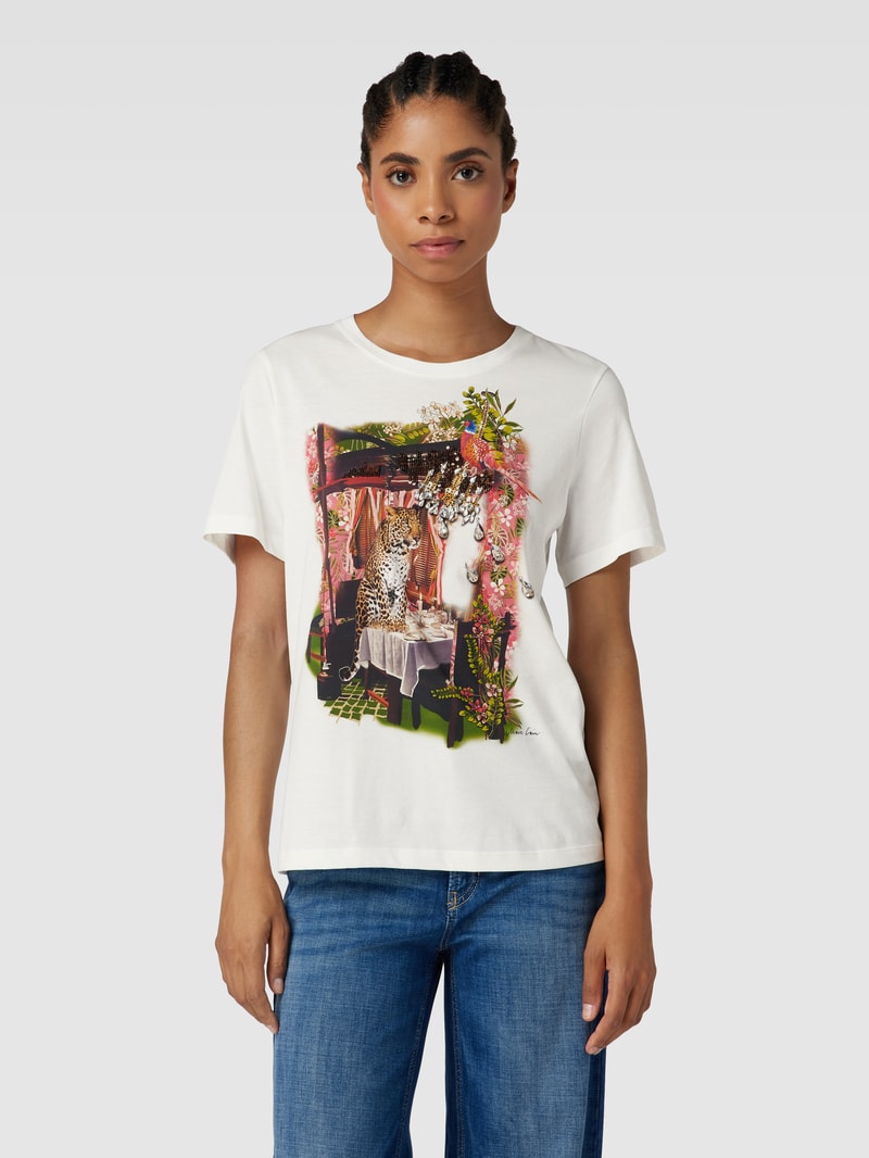 T-Shirt mit Motiv-Print und Ziersteinbesatz in offwhite