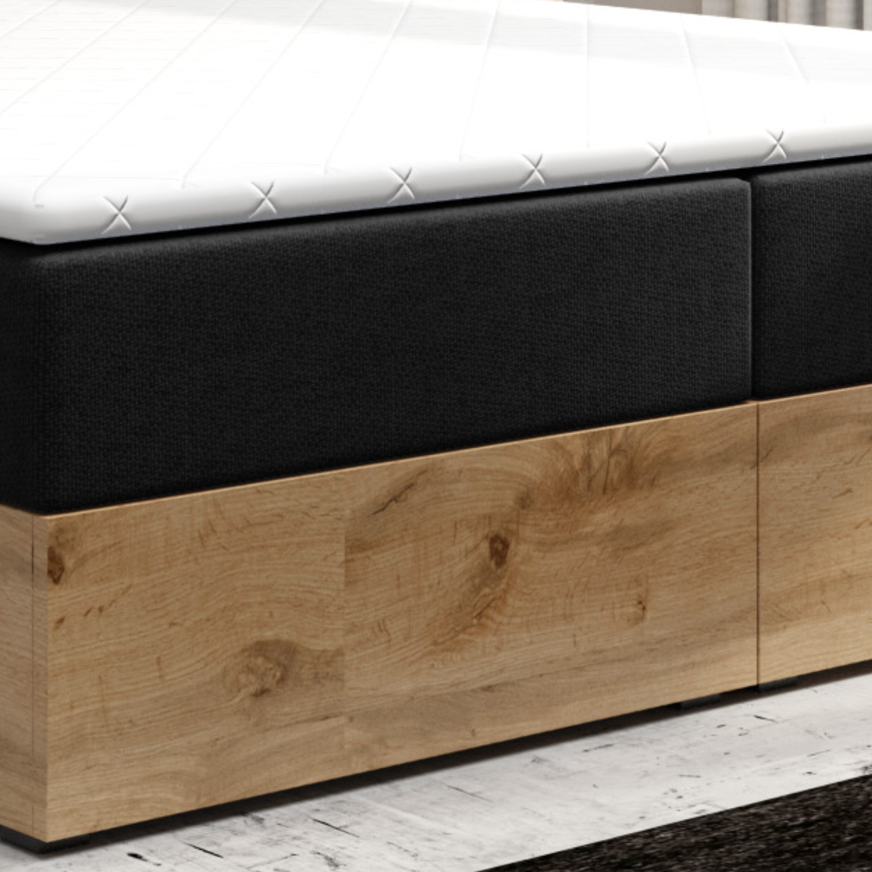 Möbel Punkt Boxspringbett LISSABON Eiche Holz mit Bettkasten 180 x 200 cm Webstoff Schwarz Anthrazit