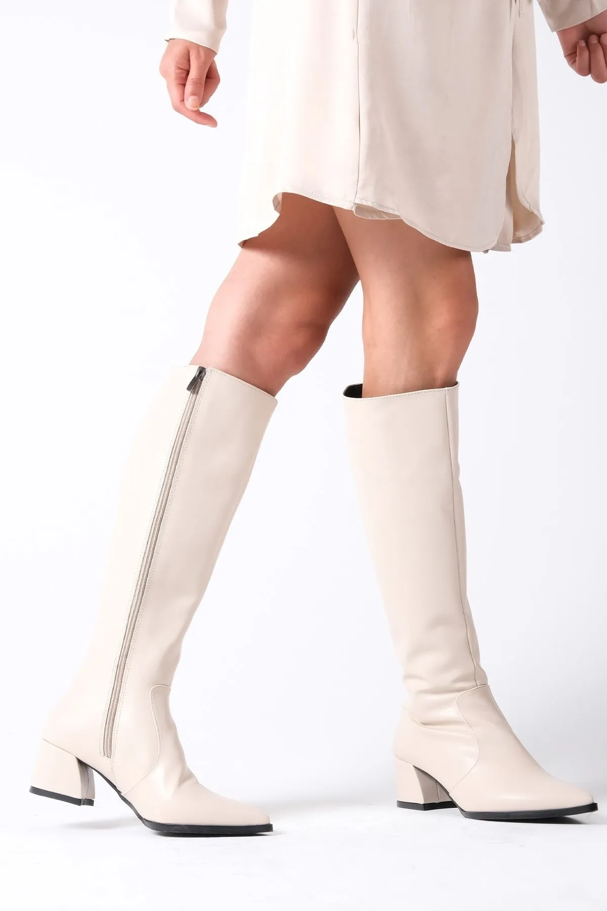 Mio Gusto  Mila Beigefarbene Damenstiefel mit spitzem Zehenbereich und seitlichem Reißverschluss und dünnem Pelzfutter