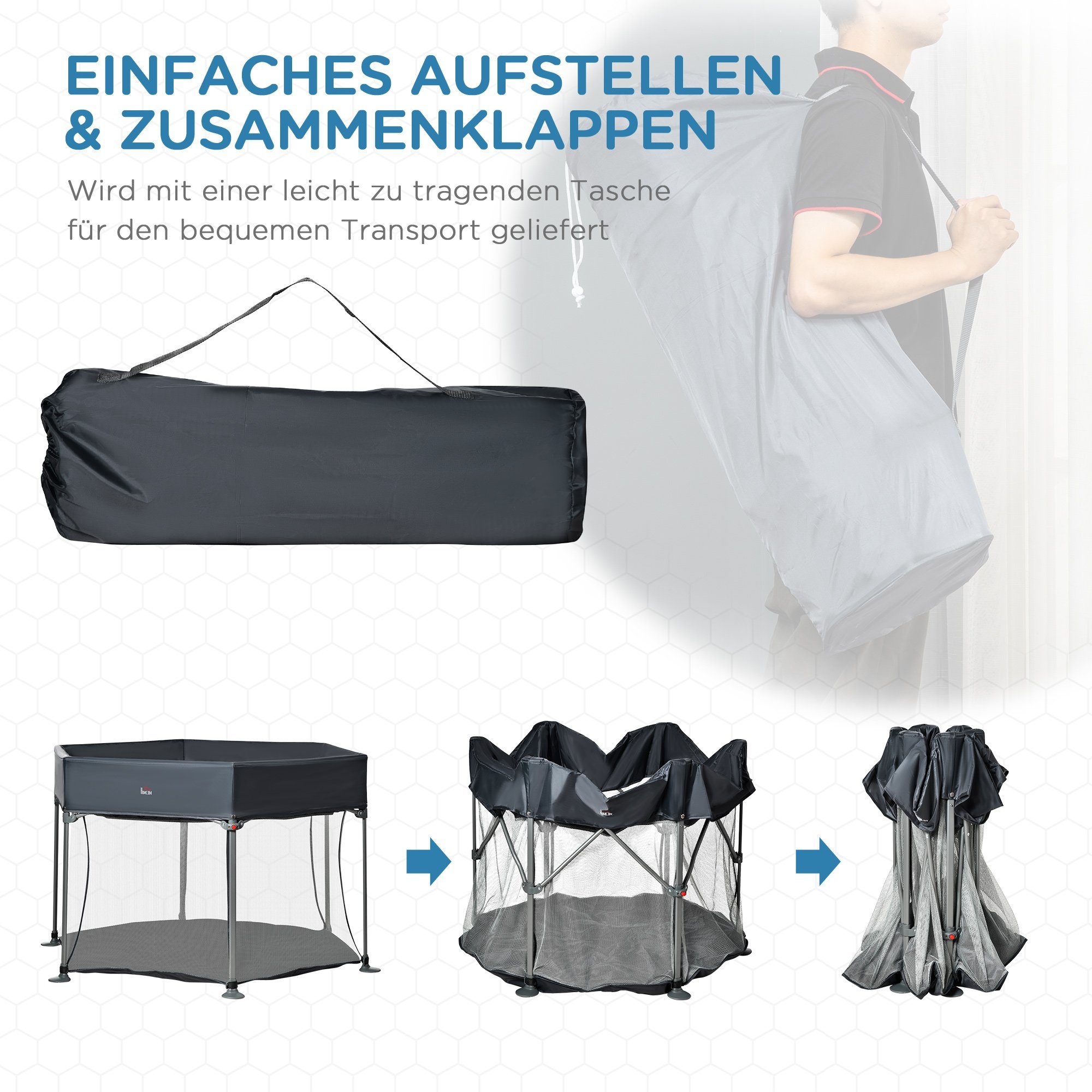 HOMCOM Laufgitter Laufstall klappbar tragbar 134 cm x 134 cm x 83 cm Mesh PP Grau (Set, 1-tlg), zusammenklappbar