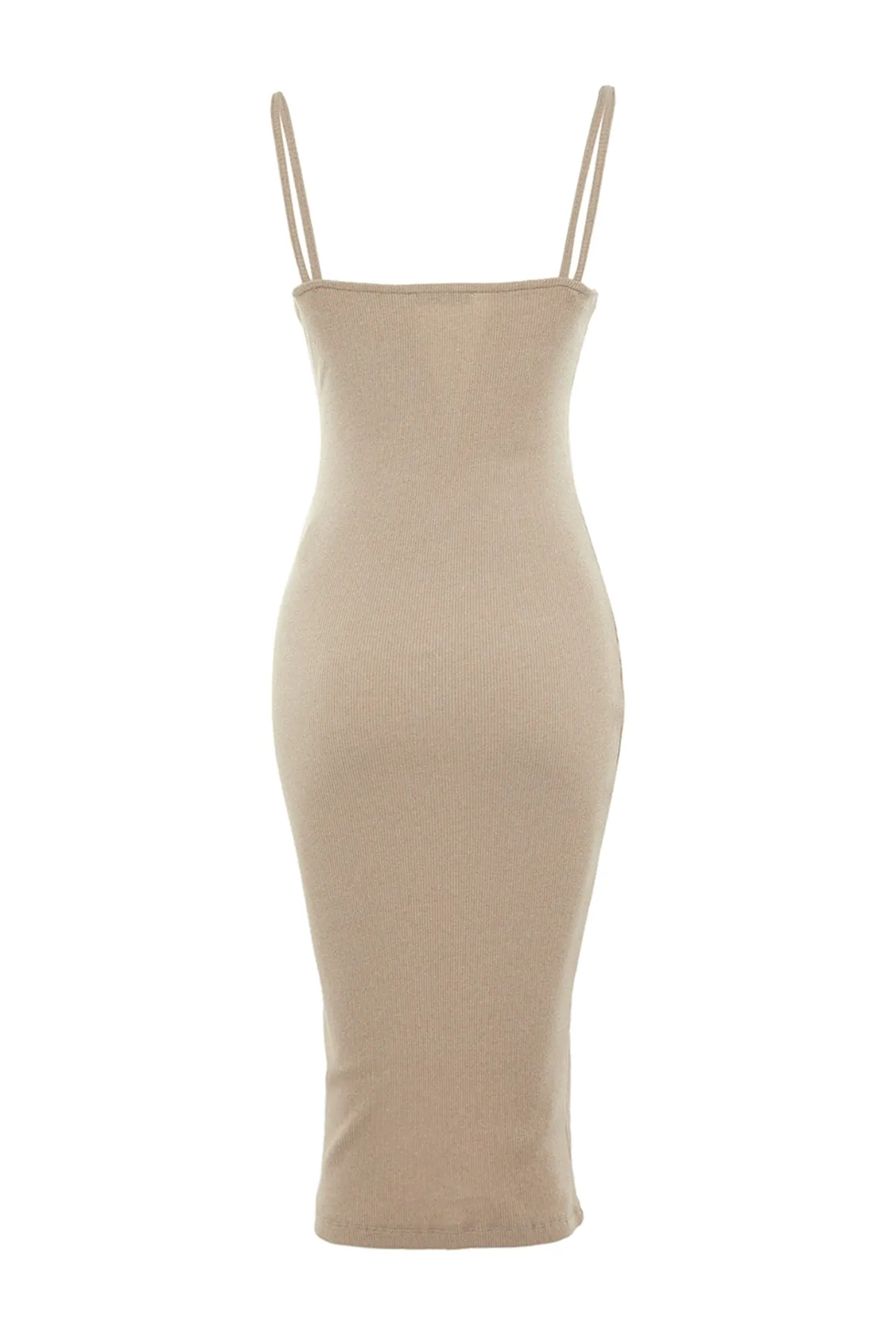 Trendyol Collection  Kamelfarbenes, figurbetontes, geripptes, flexibles Midi-Bleistiftkleid aus Strick mit Poolkragen und doppelten Kordelriemen TWOSS22EL2452