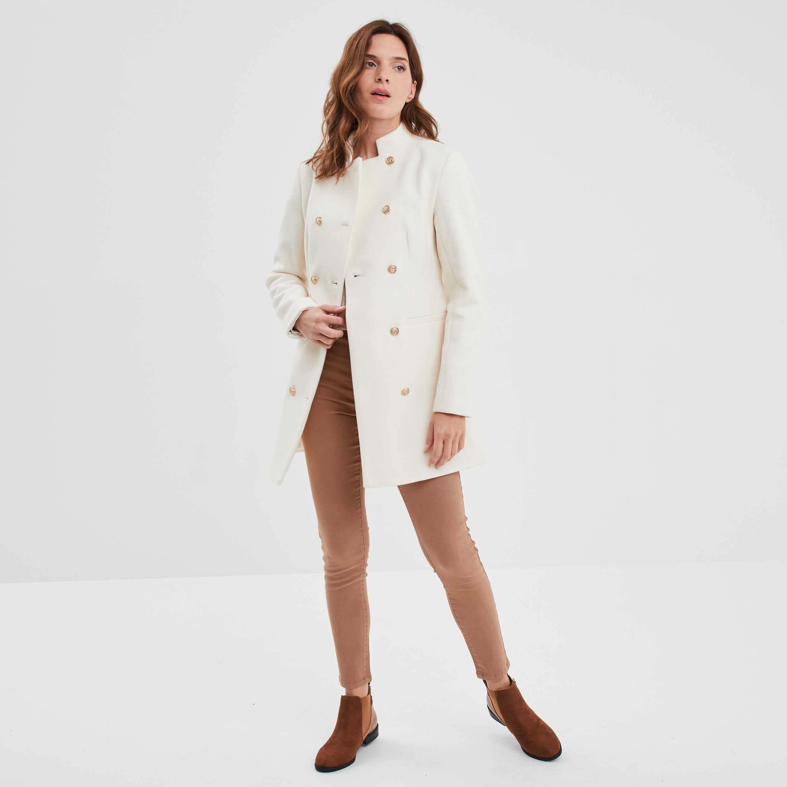 Manteau esprit officier avec ceinture ivoire femme | La Halle