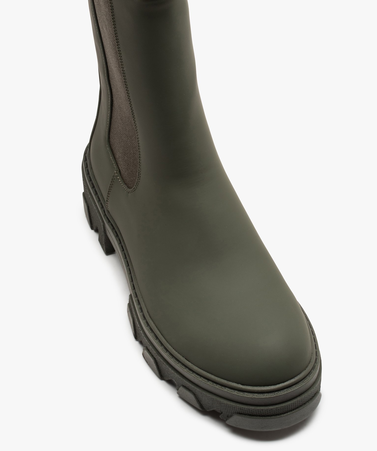 Boots femme Chelsea unies à semelle épaisse et crantée kaki | GEMO