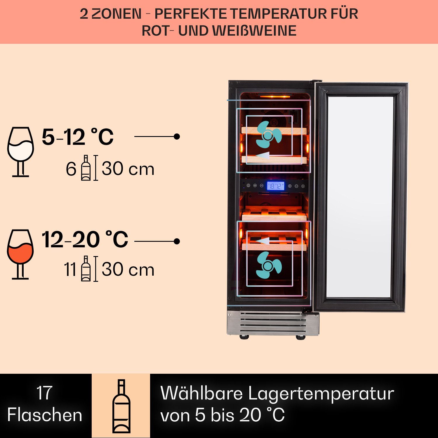 Klarstein Weinkühlschrank Vinovilla Duo 17, für 17 Standardflaschen á 0,75l,2 Zonen Wein Flaschenkühlschrank Weintemperierschrank Weinschrank