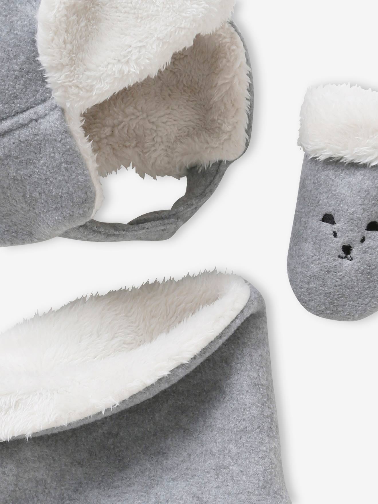 Ensemble ourson chapka + snood + moufles bébé gris clair