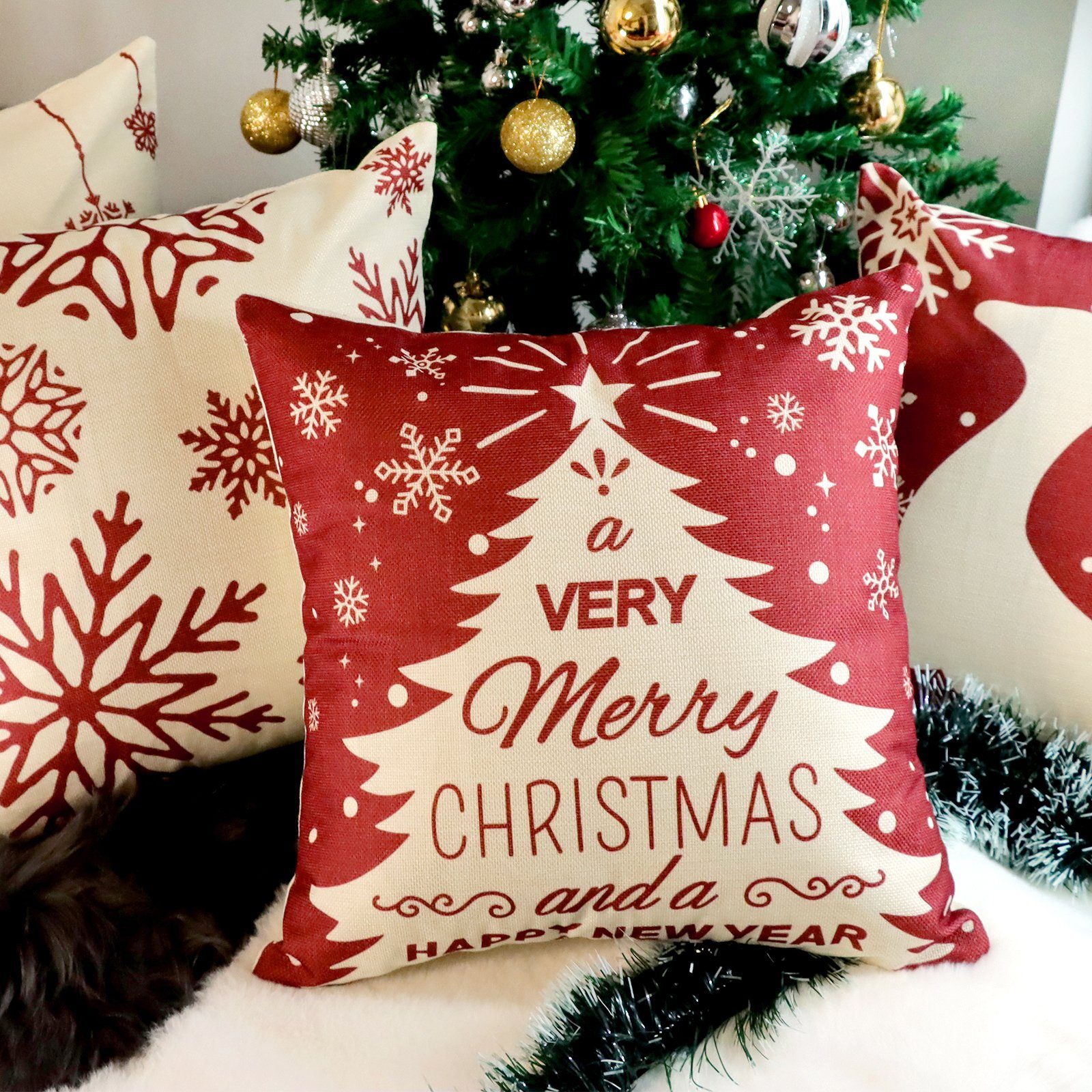 Kissenbezüge Leinenlook für Zierkissen, Sofakissen, Weihnachts-Kissenbezüge, CALIYO, 4 Stück Kissenbezug zu Weihnachten