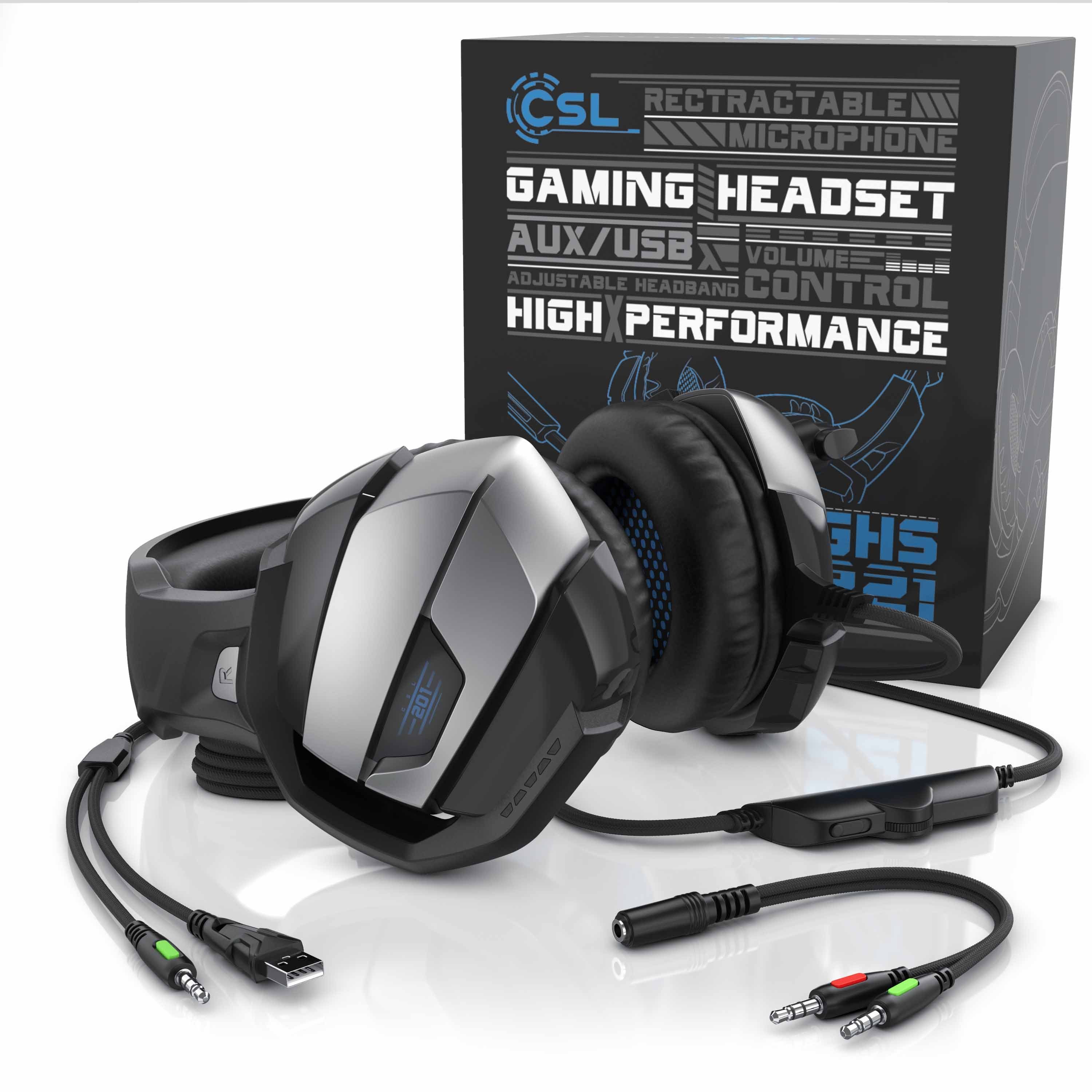 CSL Gaming-Headset (Blaue LED-Beleuchtung; Kopfbügel variabel verstellbar; Bietet kristallklaren Hoch-, Mittel- und Tieftonbereich + dynamische Basswiedergabe, Gaming Headset 
