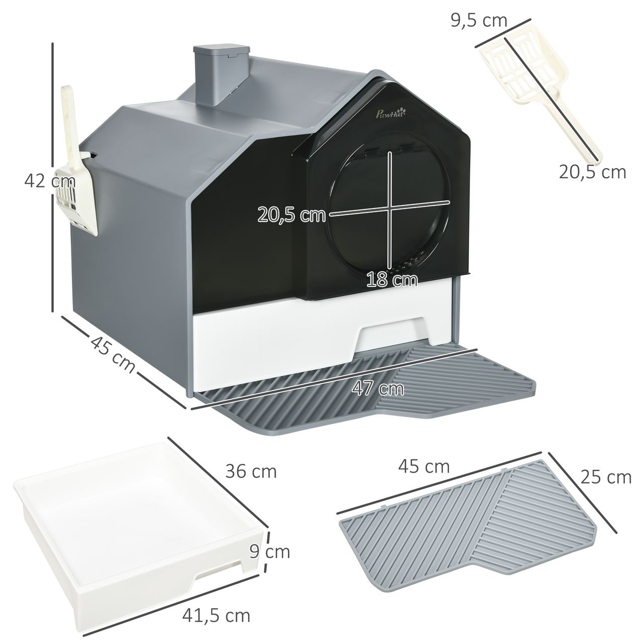 PawHut Katzentoilette Katzenklo mit Schaufel Filter für Katzen bis 8 kg Grau
