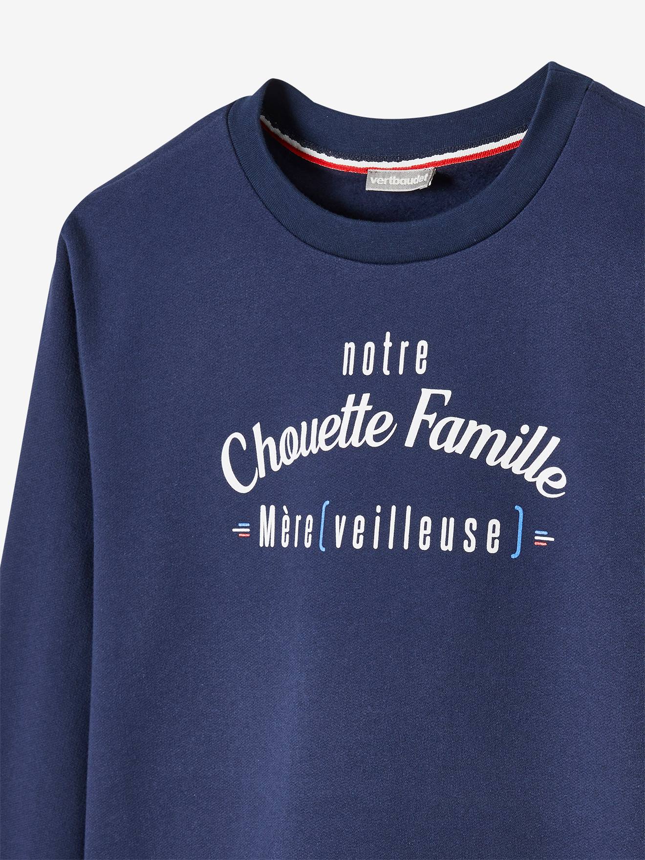 Sweat femme notre Chouette Famille collection capsule vertbaudet fabrication française marine grise
