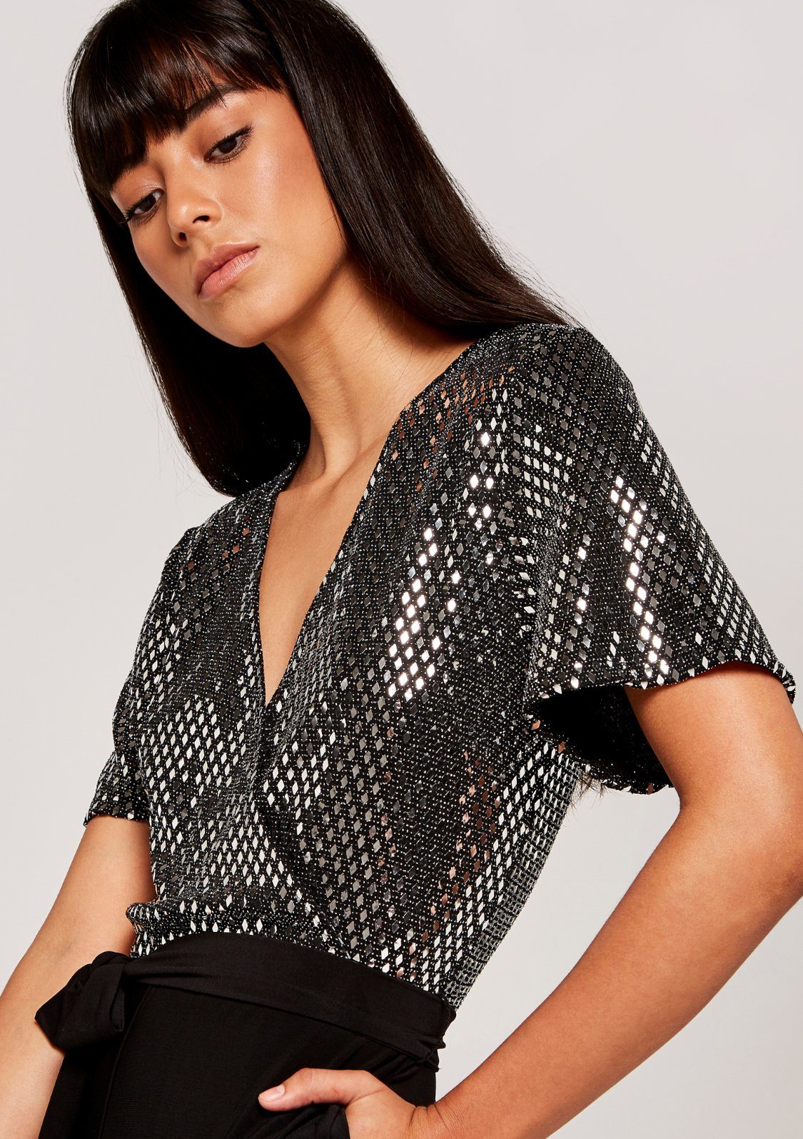 Apricot Overall Mirror Diamond Sequin Jumpsuit (2-tlg., mit Bindegürtel) mit Pailletten