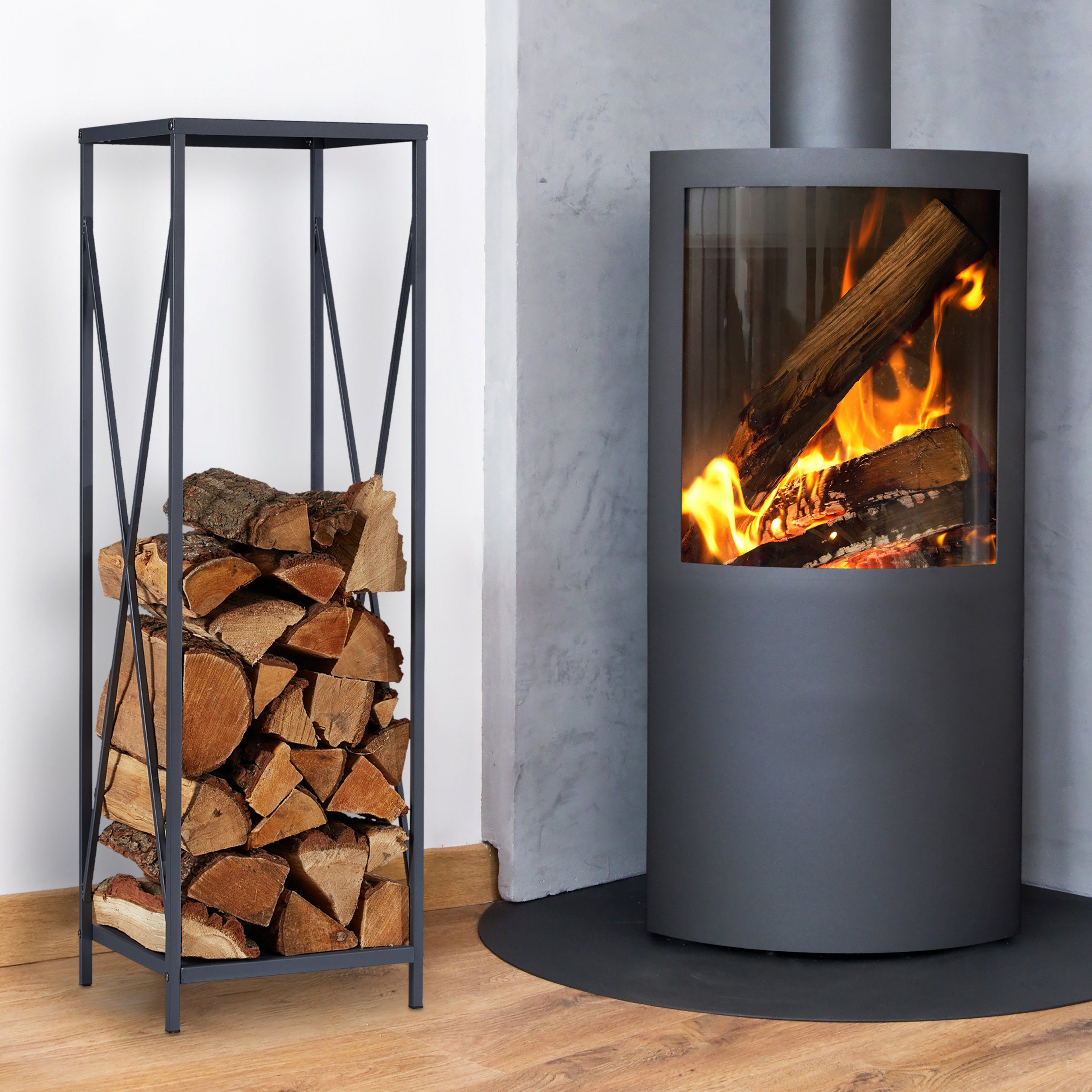 relaxdays Kaminholzregal Graues Kaminholzregal aus Metall, BxTxH:34x34x112 cm