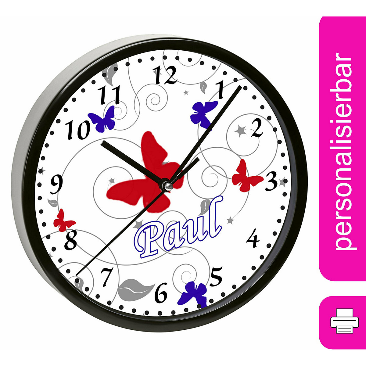 Kinder Wanduhr personalisiert mit Name Schmetterling Rot Blau Grau
