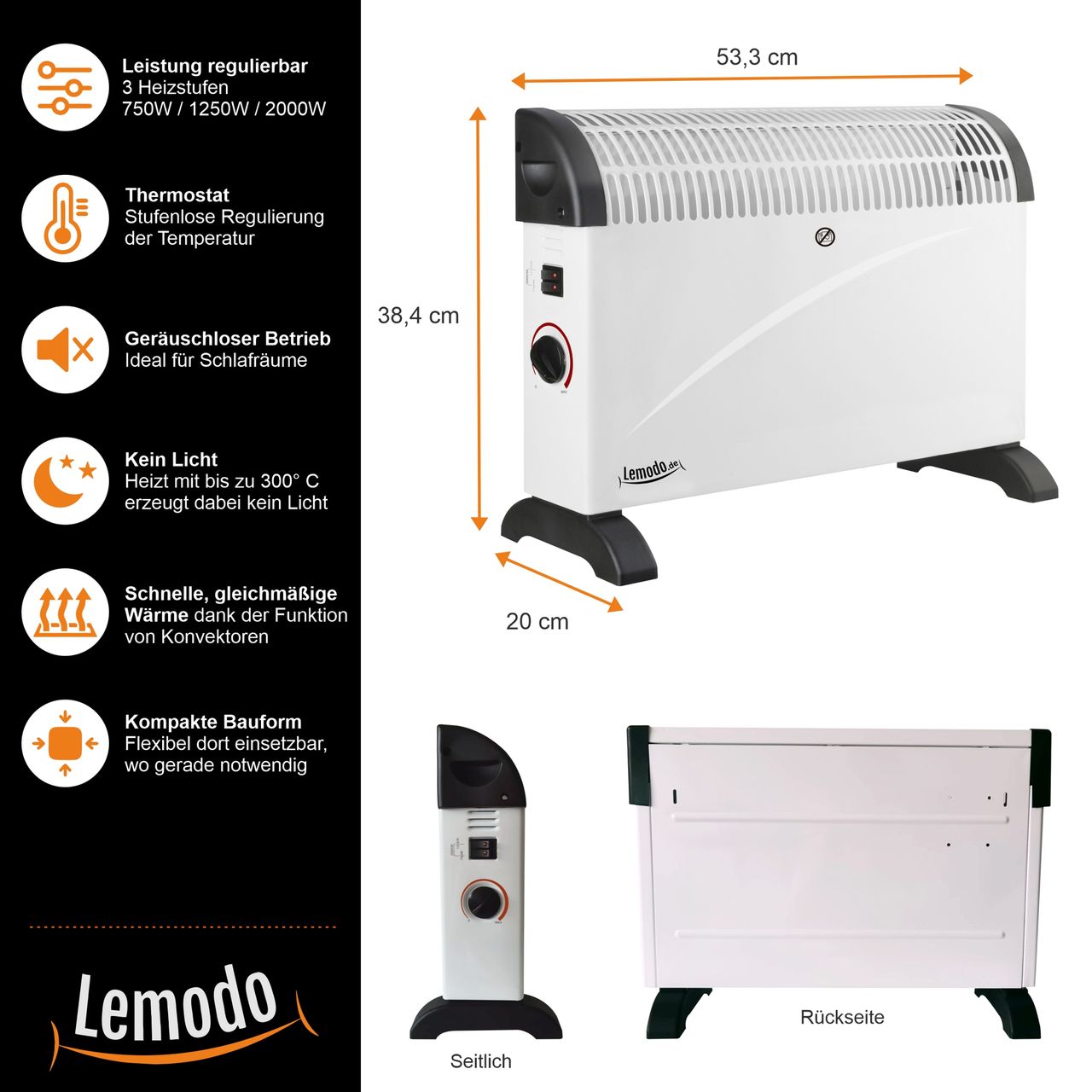 Lemodo Elektroheizung 2000W mit 3 Leistungsstufen