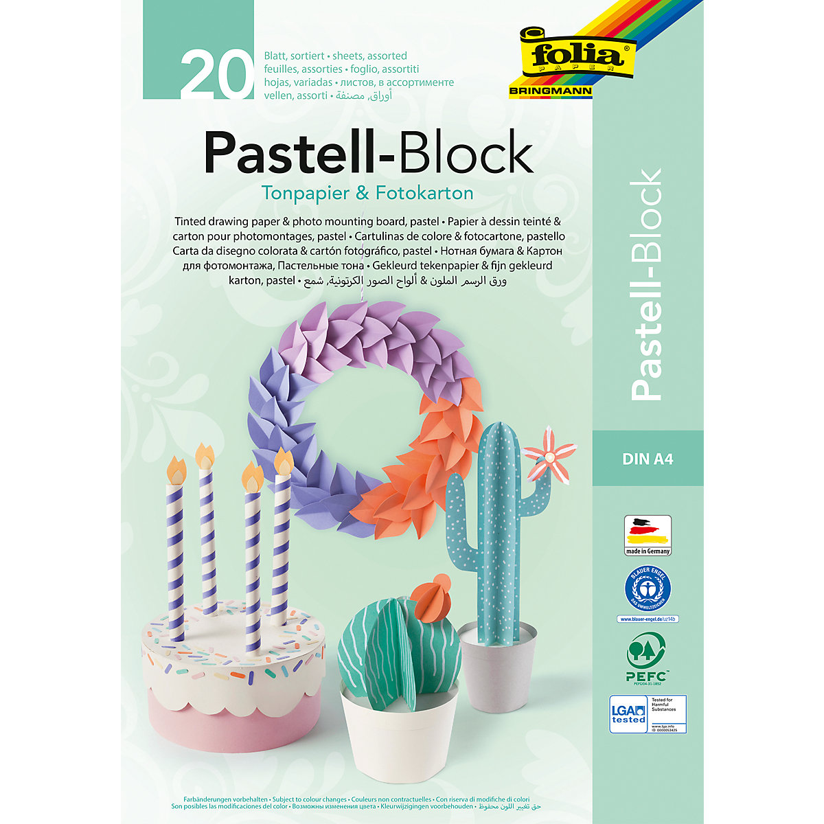 Tonpapier und Fotokarton Block Pastellfarben A4, 20 Blatt in 15 Farben