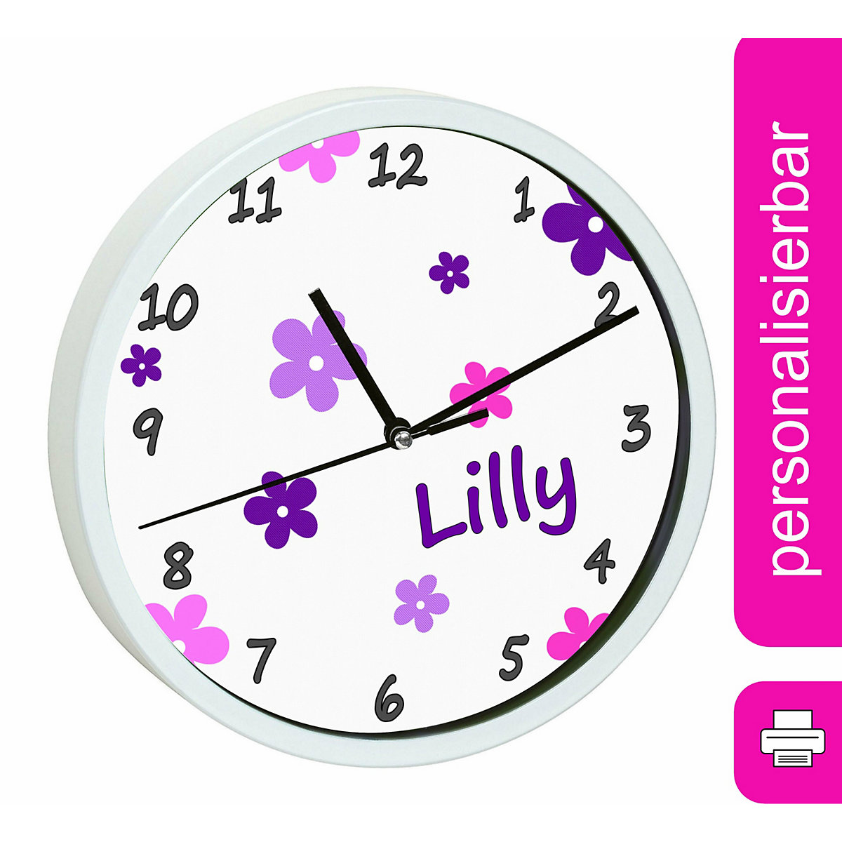 Kinder Wanduhr personalisiert mit Name Blumen Pink-Lila