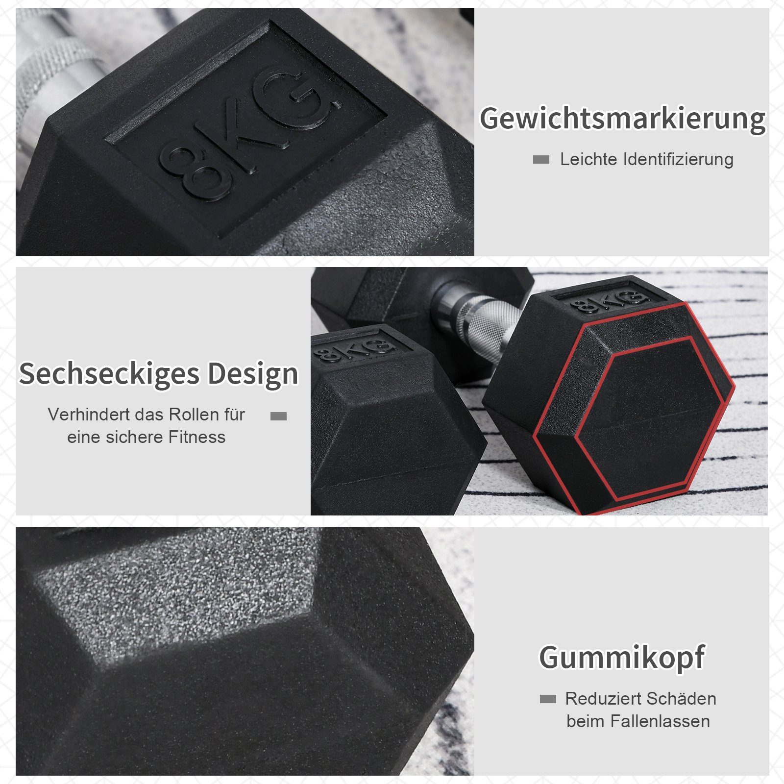 HOMCOM Hantel Kurzhantelset Gewichte Metall Gummi schwarz 2 x 8 KG, (Hexagon Kurzhanteln, 2er Set Gusseisen Hanteln Griff gerändelt Hantel Set), 12.7B x 12.7T x 8.6H cm