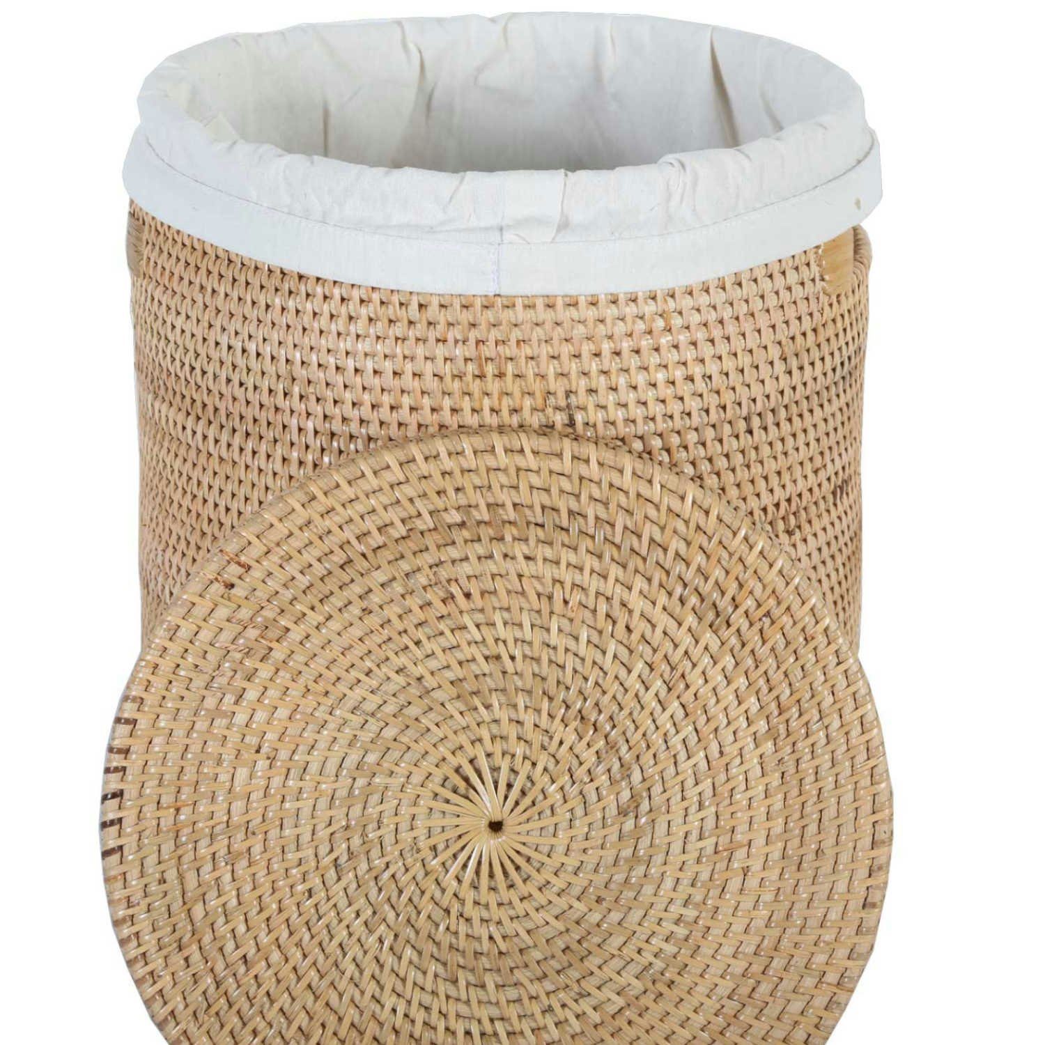 Casa Moro Wäschekorb Rattan Wäschekorb CLEO mit Deckel & Innenfutter rund (Aufbewahrungskorb rustikal geflochten, Rattankorb Weide Wäschebehälter), Boho Chic Wäschesammler mit Griff
