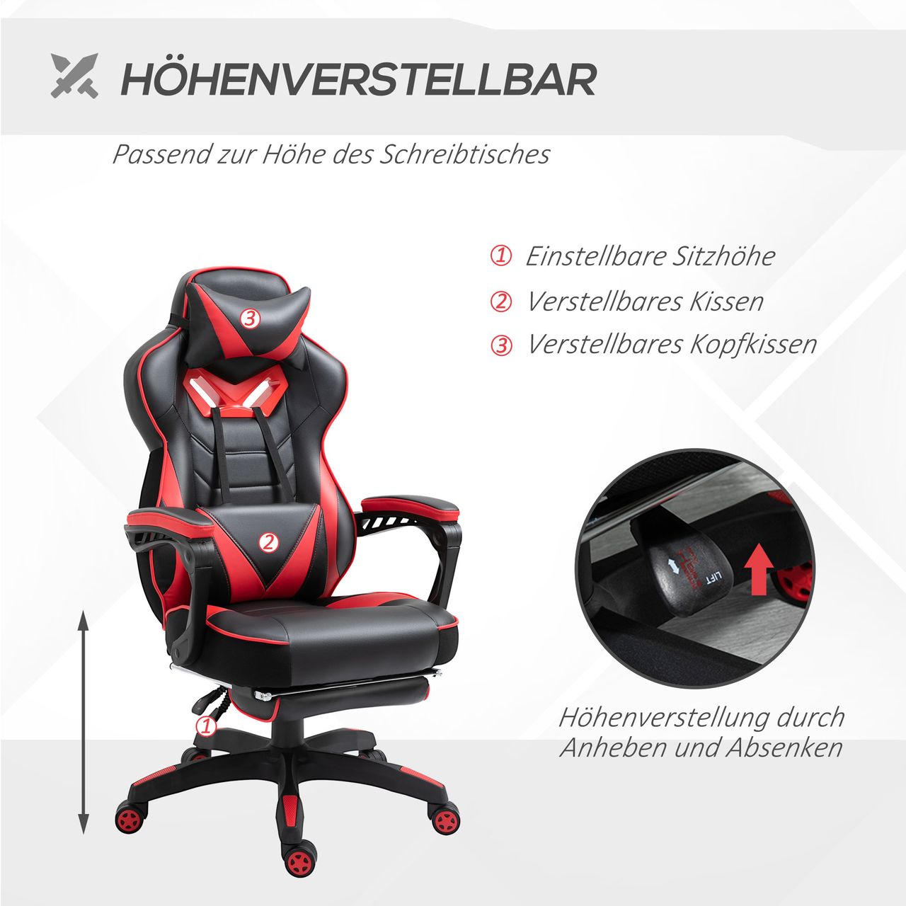 Vinsetto Ergonomischer Bürostuhl, Gaming Stuhl, Drehstuhl mit einziehbare Fußstütze und verstellbarer Rücken Schaumstoff PU-Leder Metall, Schwarz Rot, 65 x 70 x 118,5-128,5 cm
