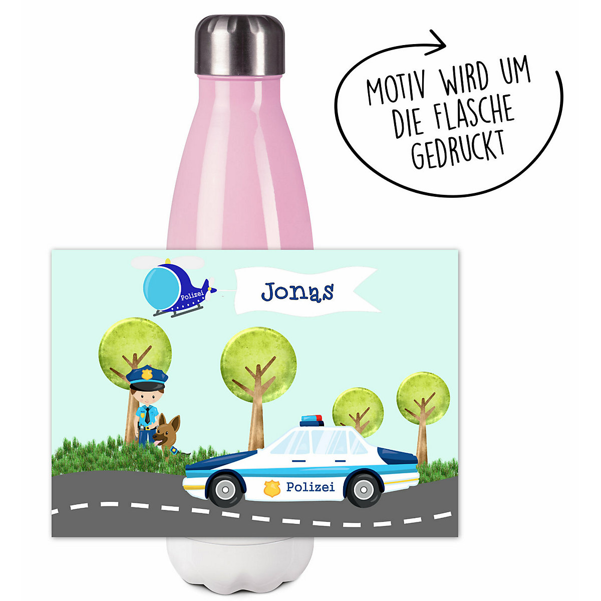 Edelstahl Kinder Thermoflasche / Trinkflasche bunt Polizei Spülmaschinenfest, Auslaufsicher, Bruchfest, Doppelwandig, Für Heißgetränke geeignet, Mit Deckel, Isoliert