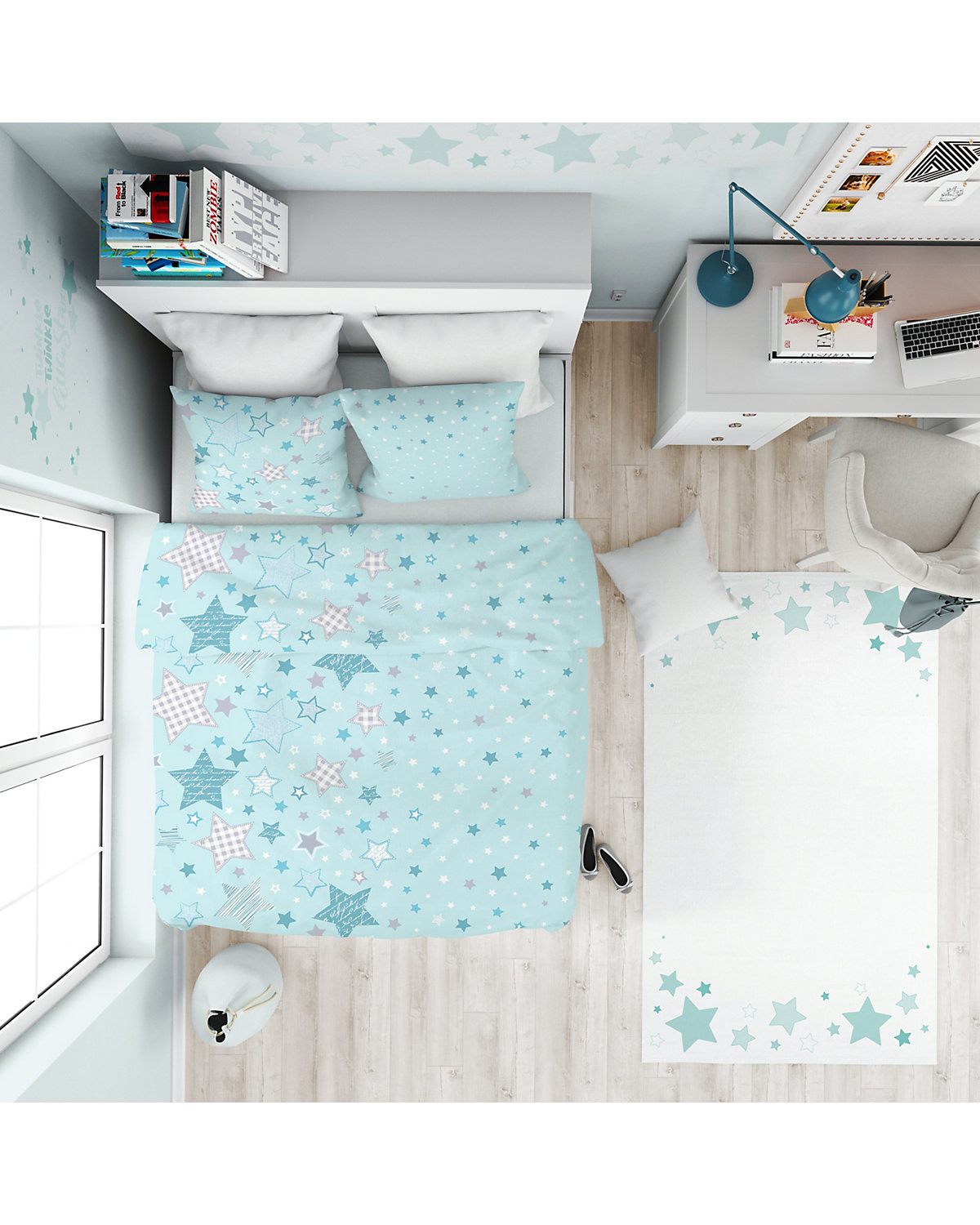 Kinder-Bettwäsche Mädchen Sterne, Biber, mint 135 x 200 cm + 80 x 80 cm