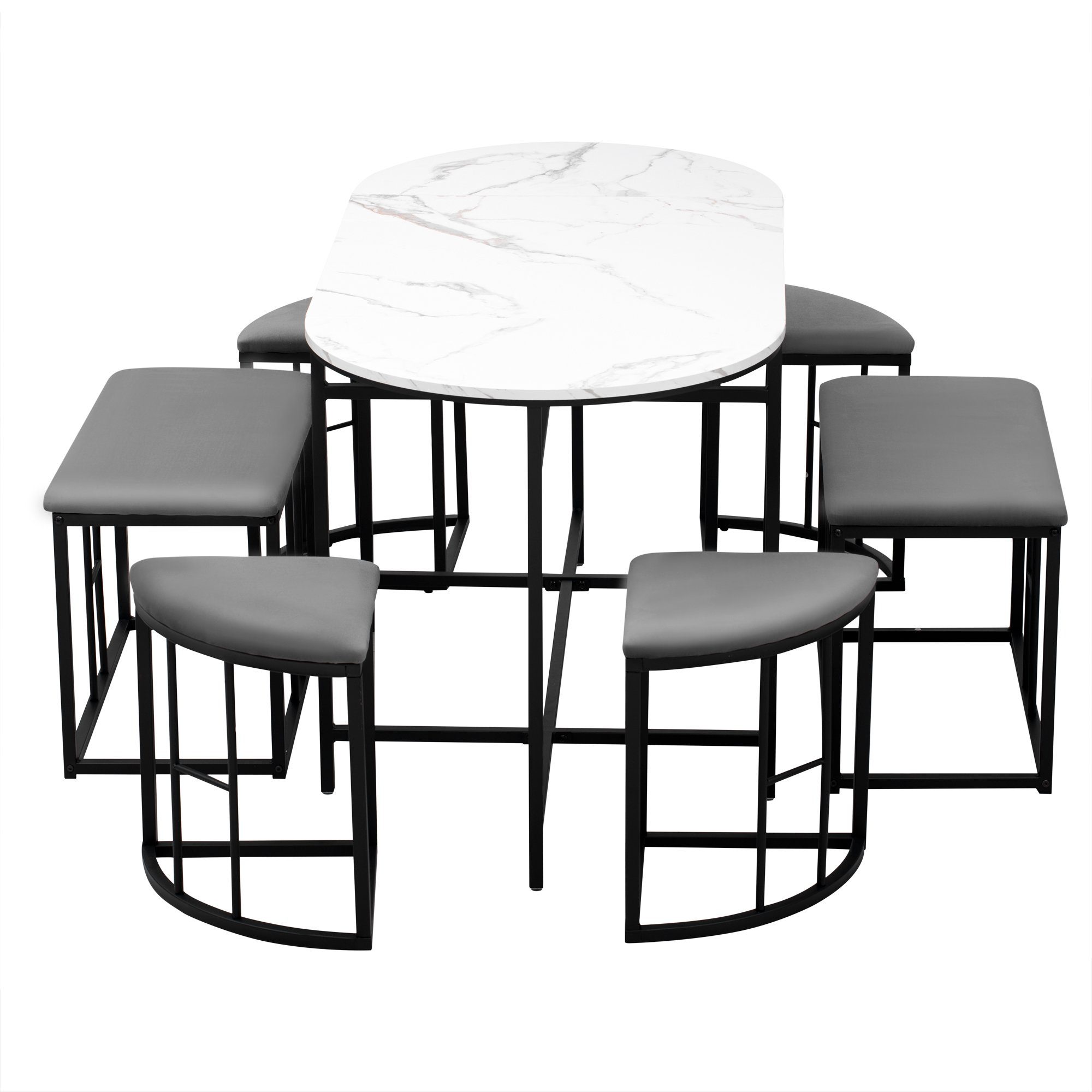Merax Essgruppe mit gepolstertem Sitz, Marmoroptik, (7-tlg), Esstischset, Esszimmergarnitur Sitzgruppe, mit 2 Bänke und 4 Hocker