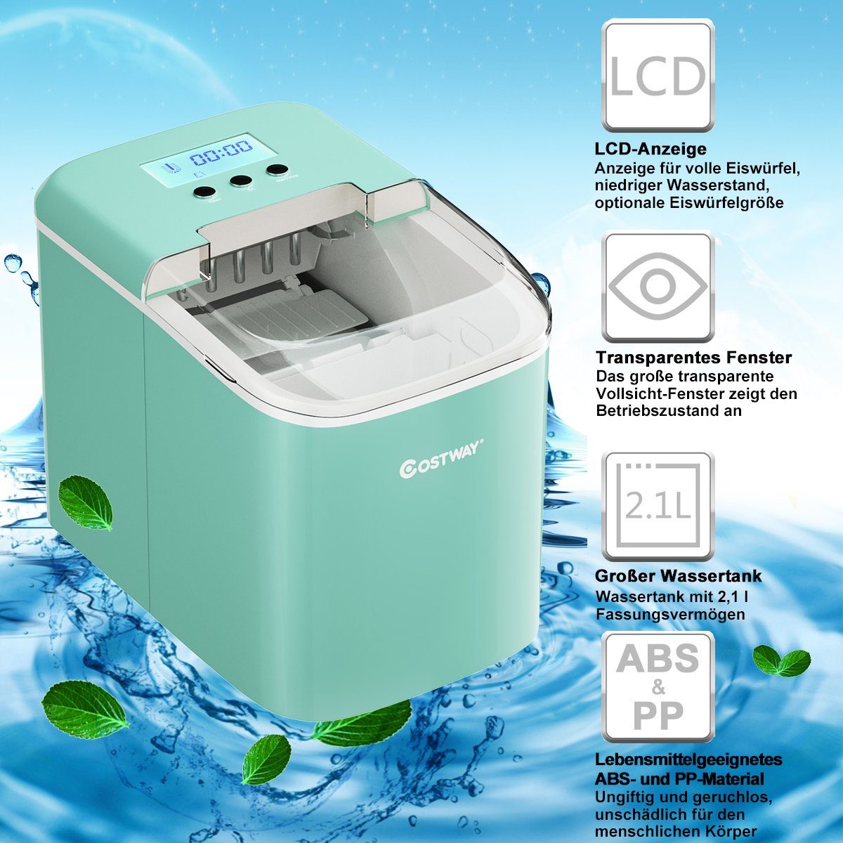 COSTWAY Eiswürfelmaschine, Eiswürfel in 7min, 12kg in 24H, Eiswürfelschaufel