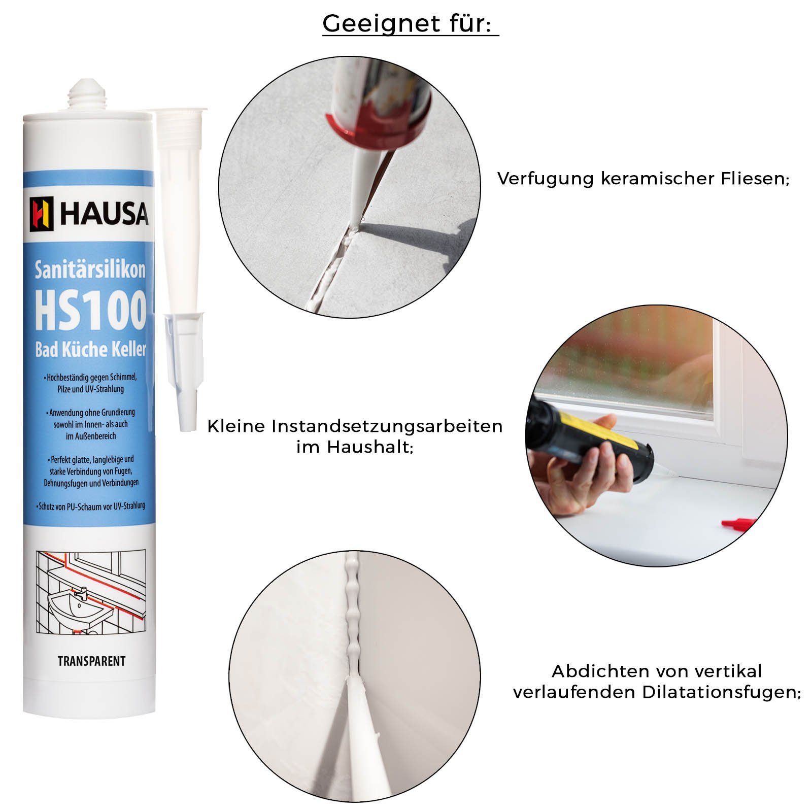 Hausa Silikon schimmelresistent, Sanitär Silikon HS100, Kartusche 310 ml, (Dichtmasse Fuge, 1-tlg., Verfugen Bad Dusche Küche acetatvernetzend), antischimmel Sanitär Silikon zum Abdichten
